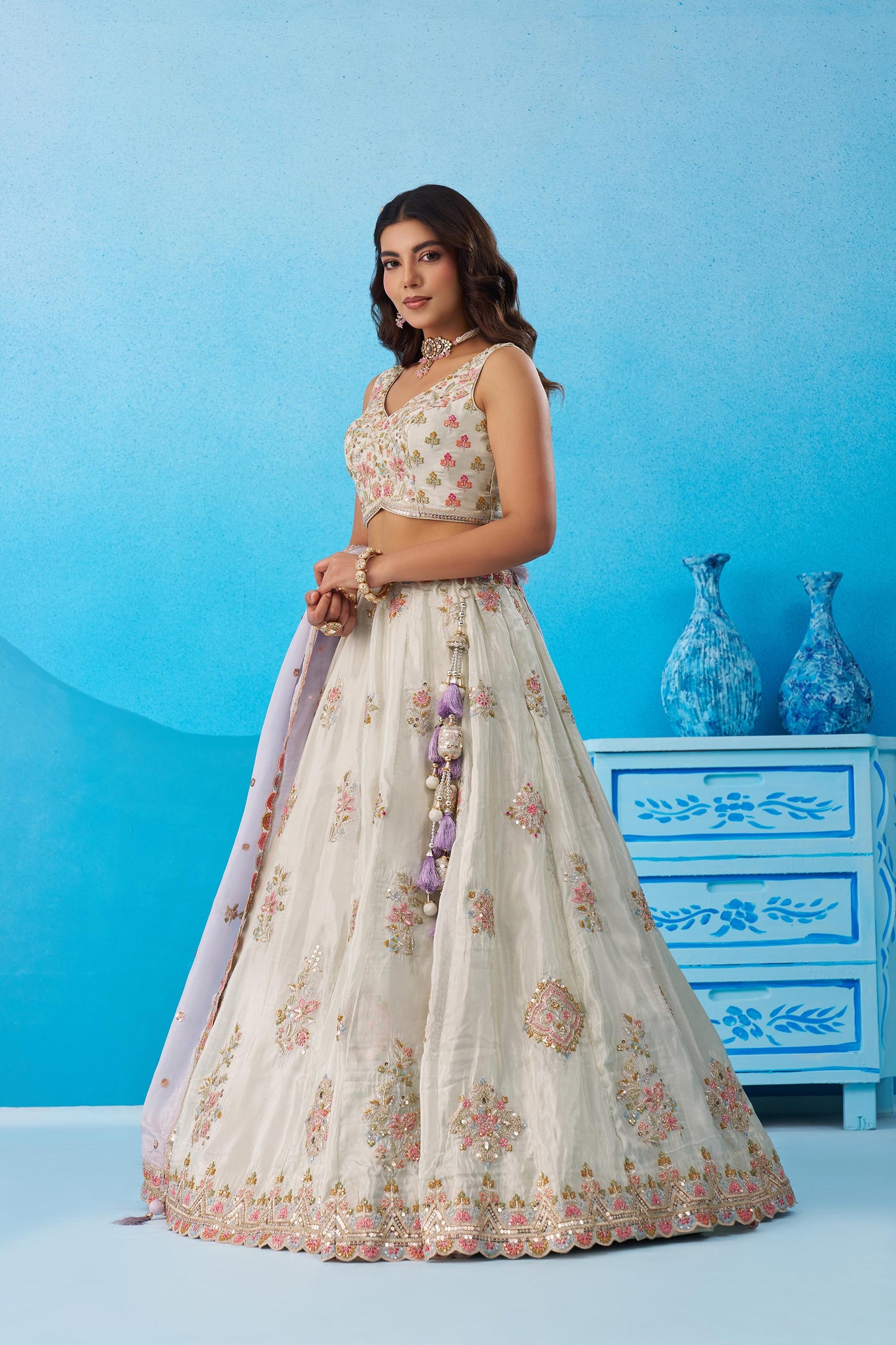 Lime Green Tissue Sequins & Zari Embroidered Wedding Guest Lehenga