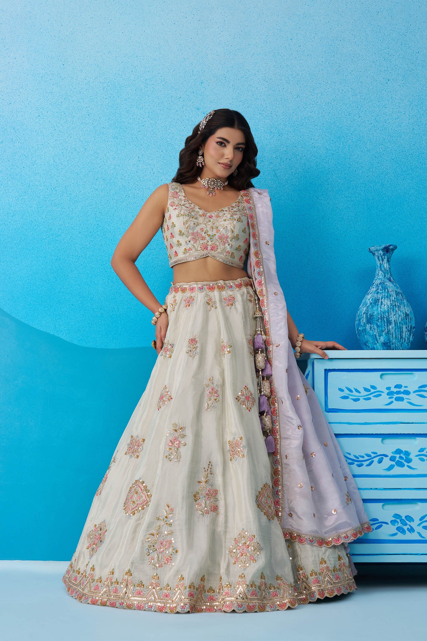 Lime Green Tissue Sequins & Zari Embroidered Wedding Guest Lehenga