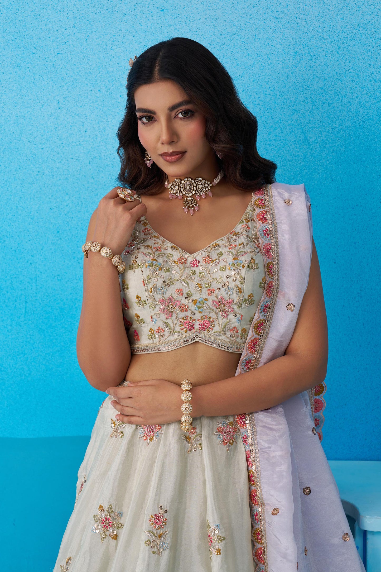 Lime Green Tissue Sequins & Zari Embroidered Wedding Guest Lehenga
