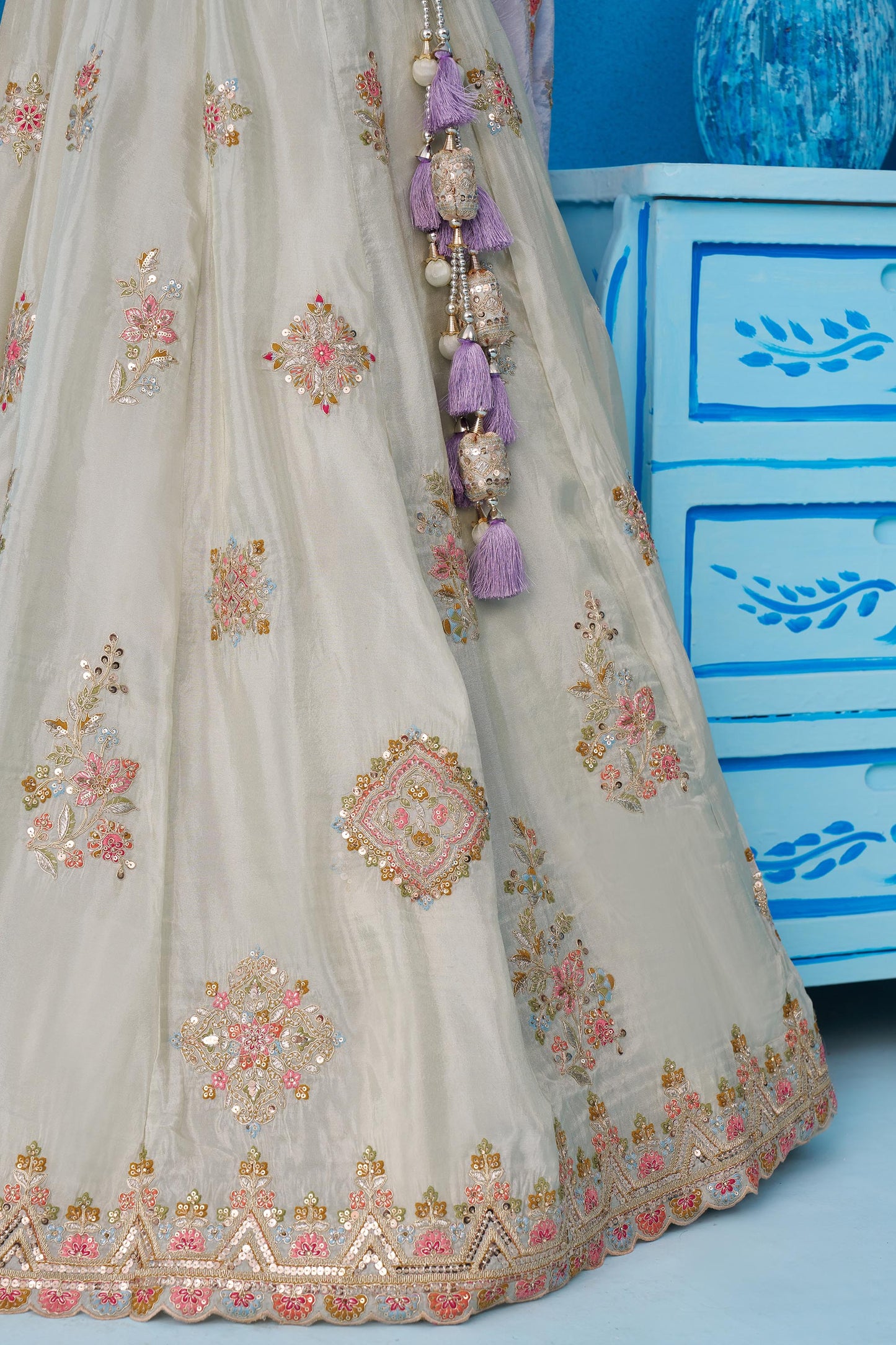 Lime Green Tissue Sequins & Zari Embroidered Wedding Guest Lehenga