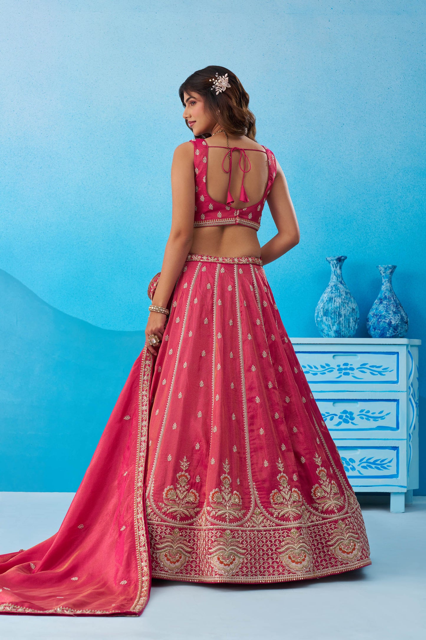 Rani Pink Tissue Beads & Sequins Embroidered Bridesmaid Lehenga