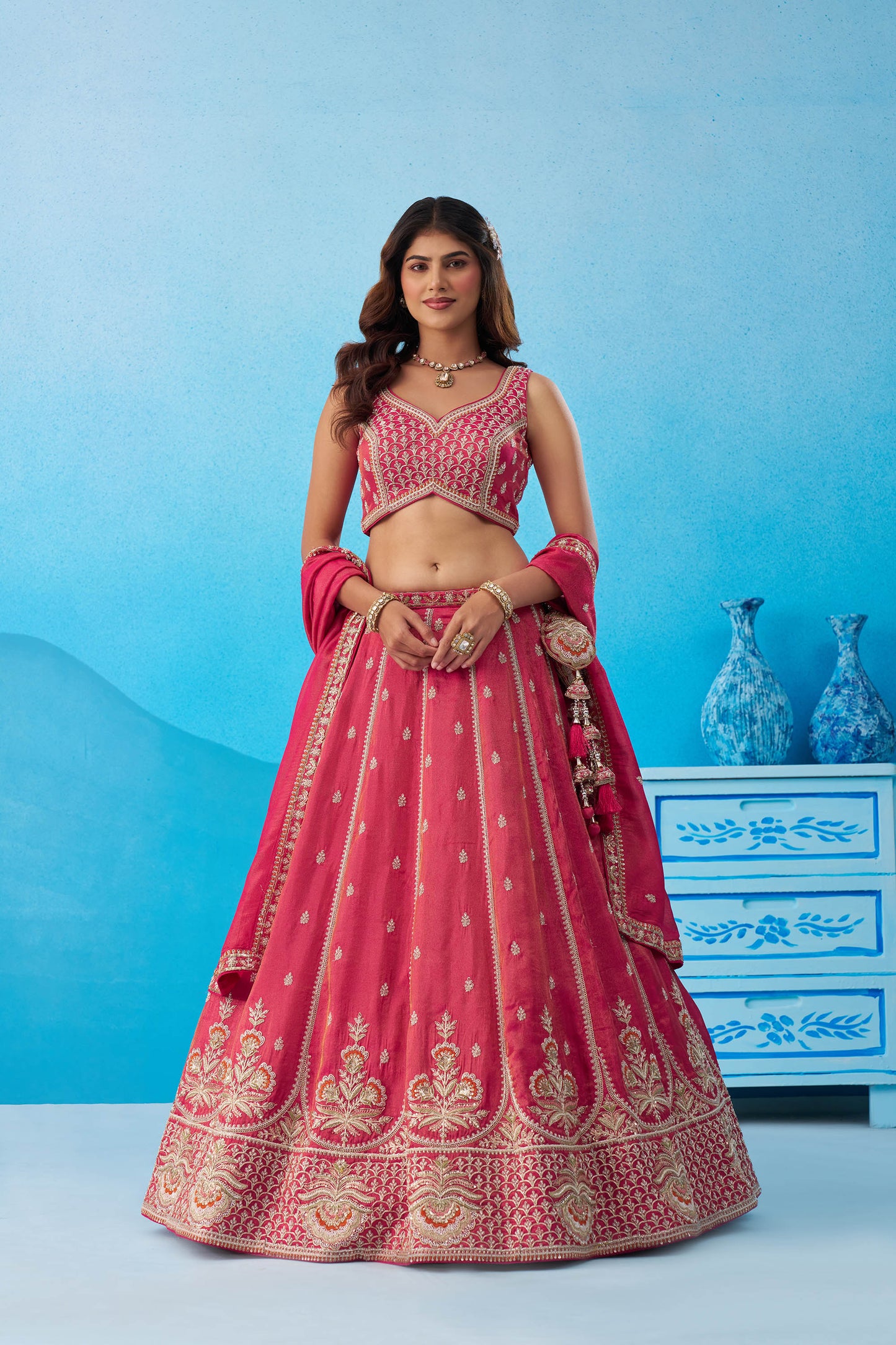 Rani Pink Tissue Beads & Sequins Embroidered Bridesmaid Lehenga