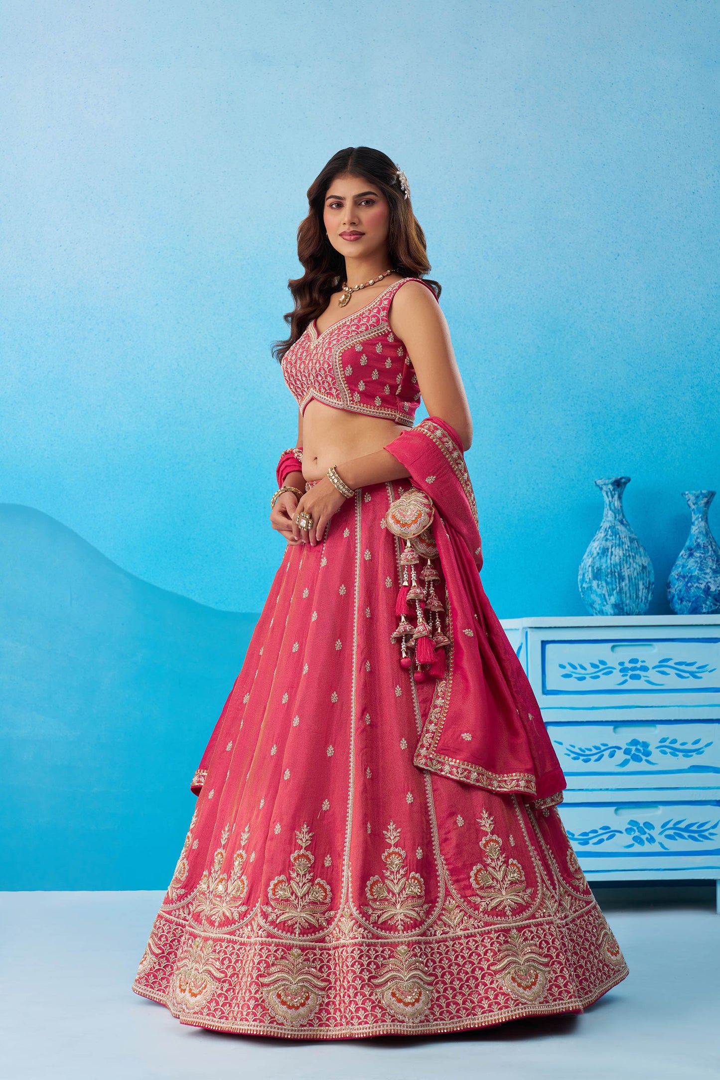 Rani Pink Tissue Beads & Sequins Embroidered Bridesmaid Lehenga