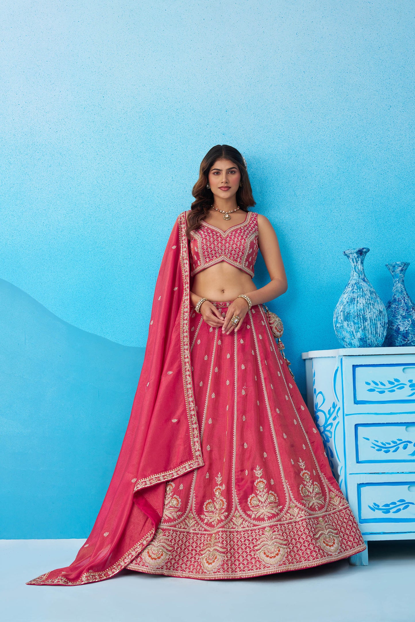Rani Pink Tissue Beads & Sequins Embroidered Bridesmaid Lehenga