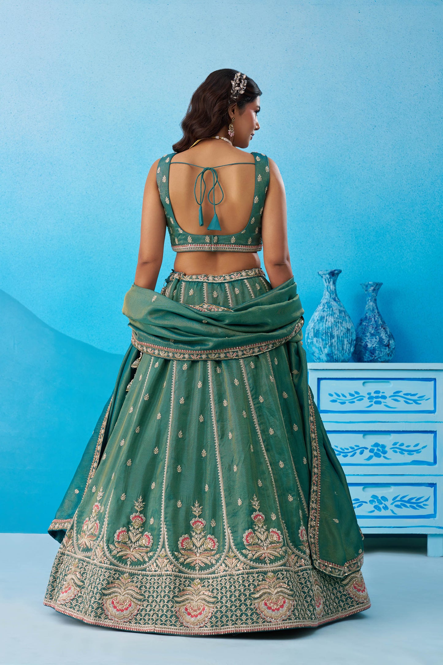 Teal Green Tissue Beads & Sequins Embroidered Bridesmaid Lehenga