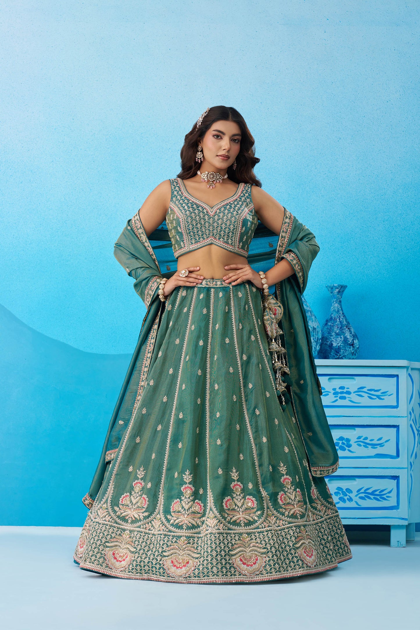 Teal Green Tissue Beads & Sequins Embroidered Bridesmaid Lehenga