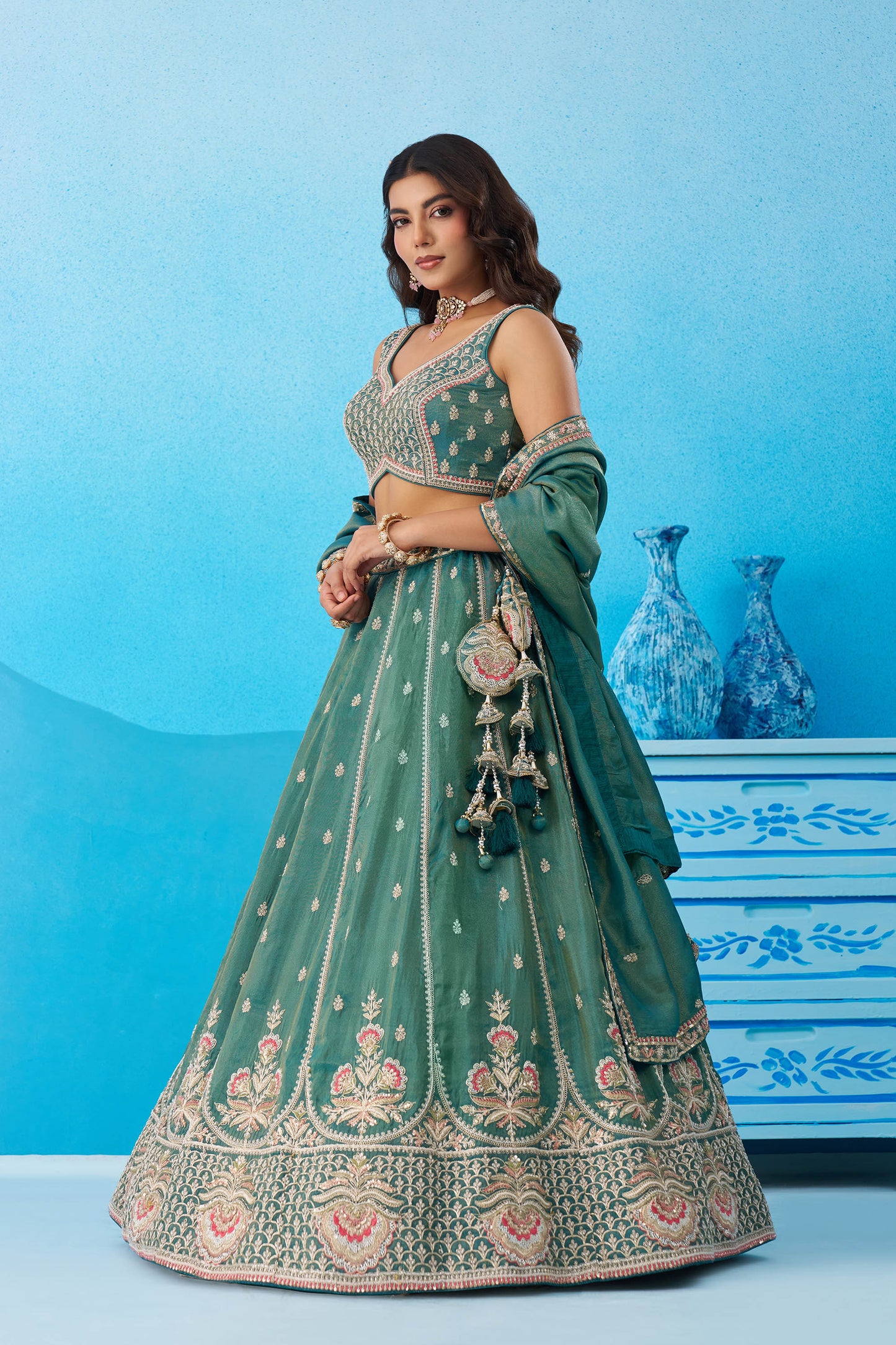 Teal Green Tissue Beads & Sequins Embroidered Bridesmaid Lehenga