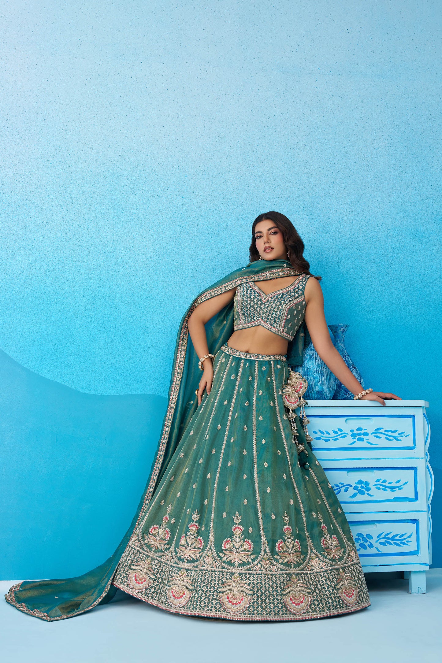 Teal Green Tissue Beads & Sequins Embroidered Bridesmaid Lehenga