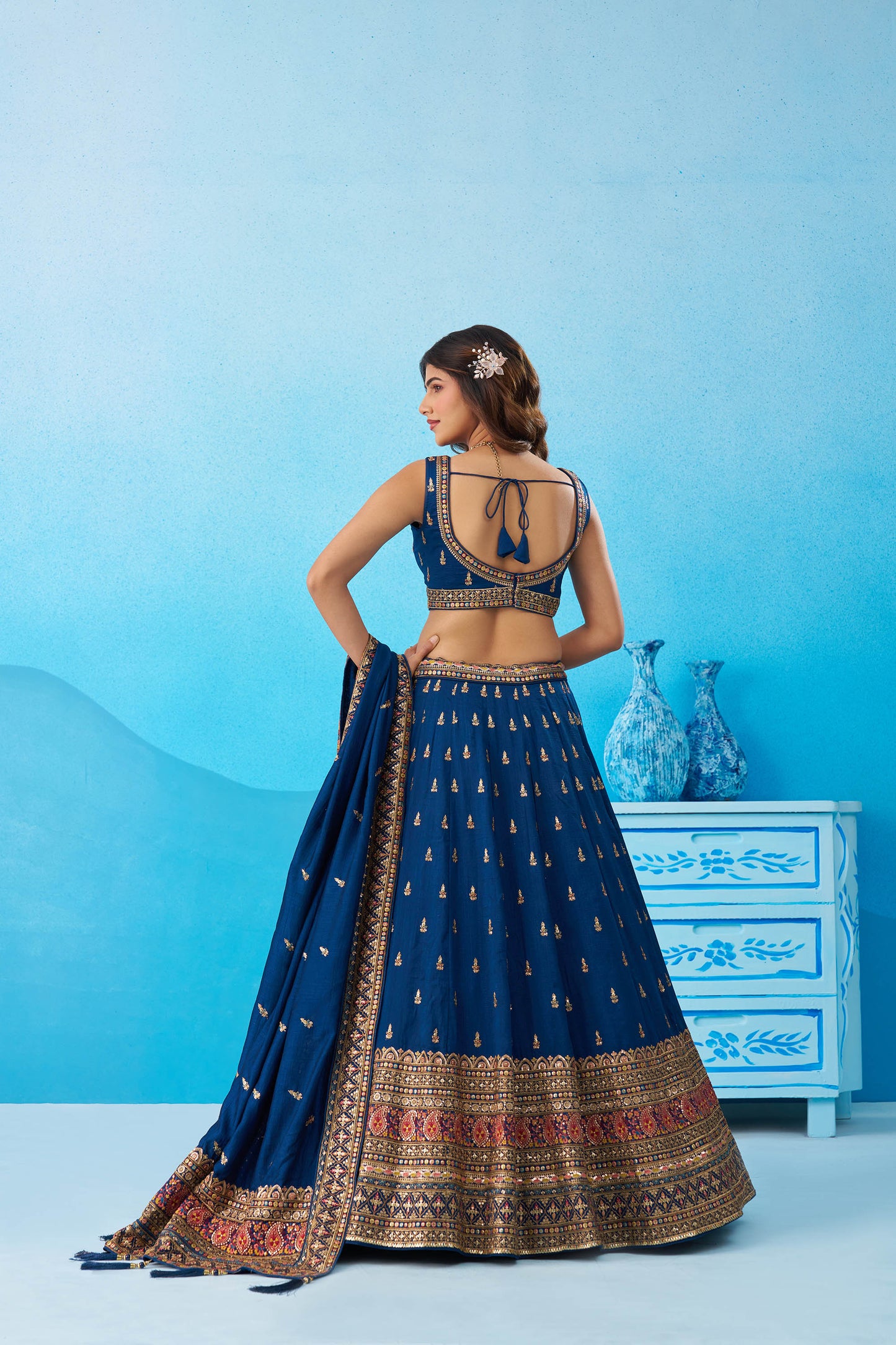 Teal Blue Chinnon Silk Sequins, Thread & Zari Embroidered Lehenga Choli