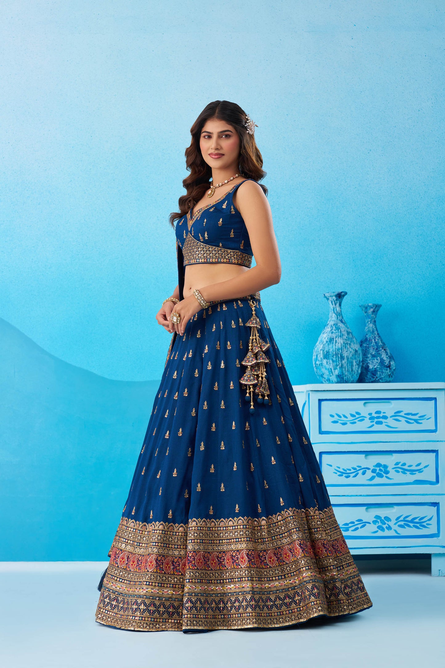 Teal Blue Chinnon Silk Sequins, Thread & Zari Embroidered Lehenga Choli