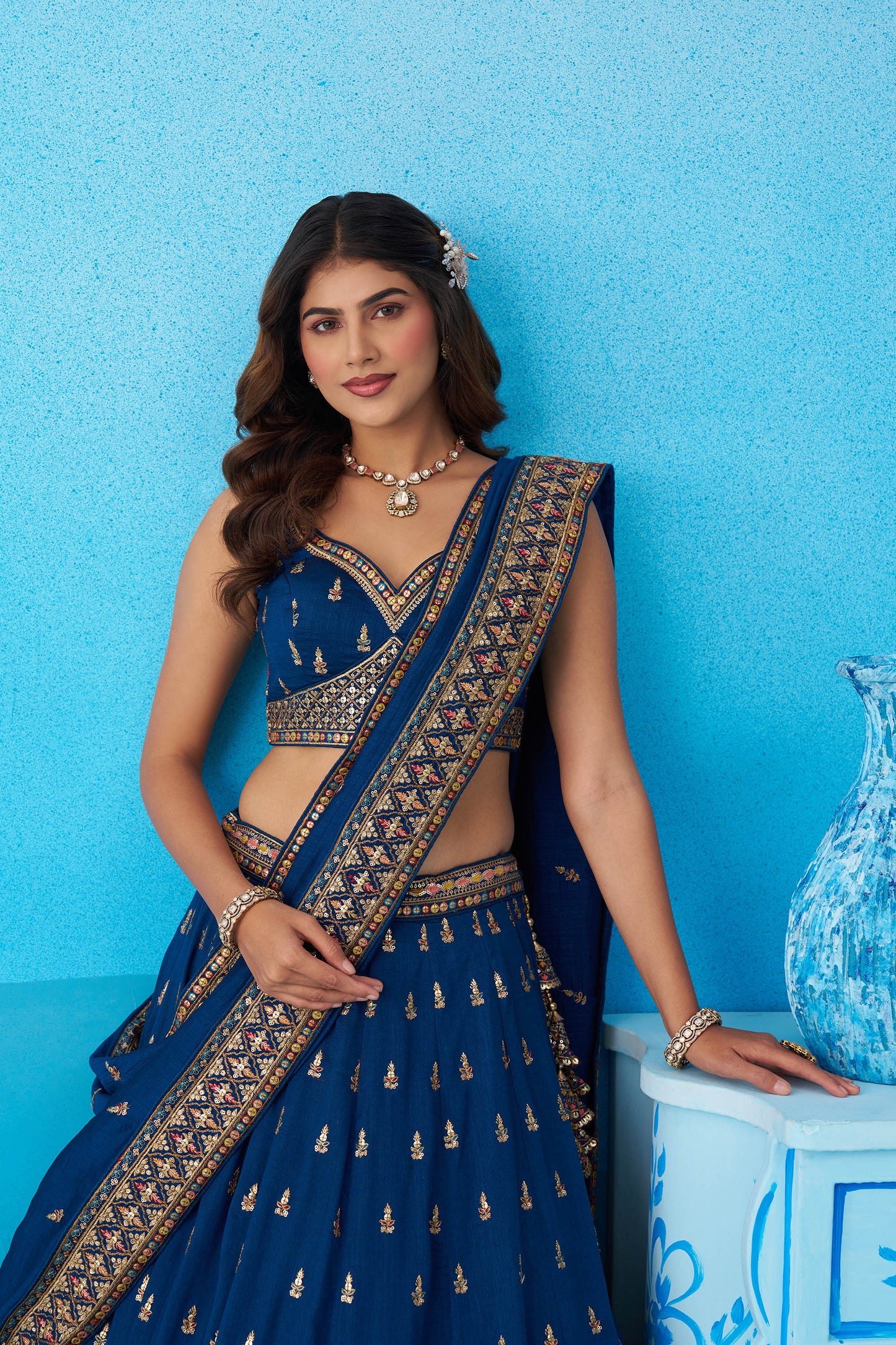 Teal Blue Chinnon Silk Sequins, Thread & Zari Embroidered Lehenga Choli