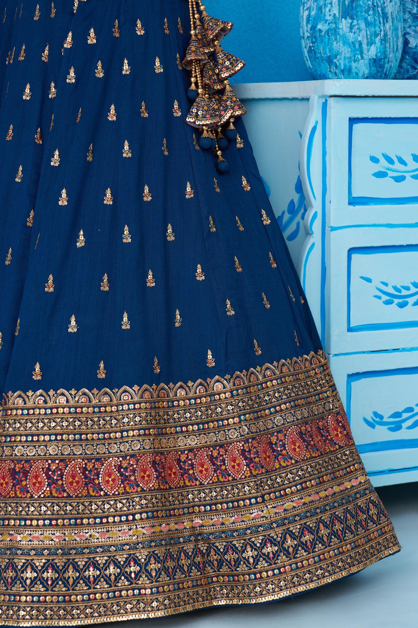 Teal Blue Chinnon Silk Sequins, Thread & Zari Embroidered Lehenga Choli