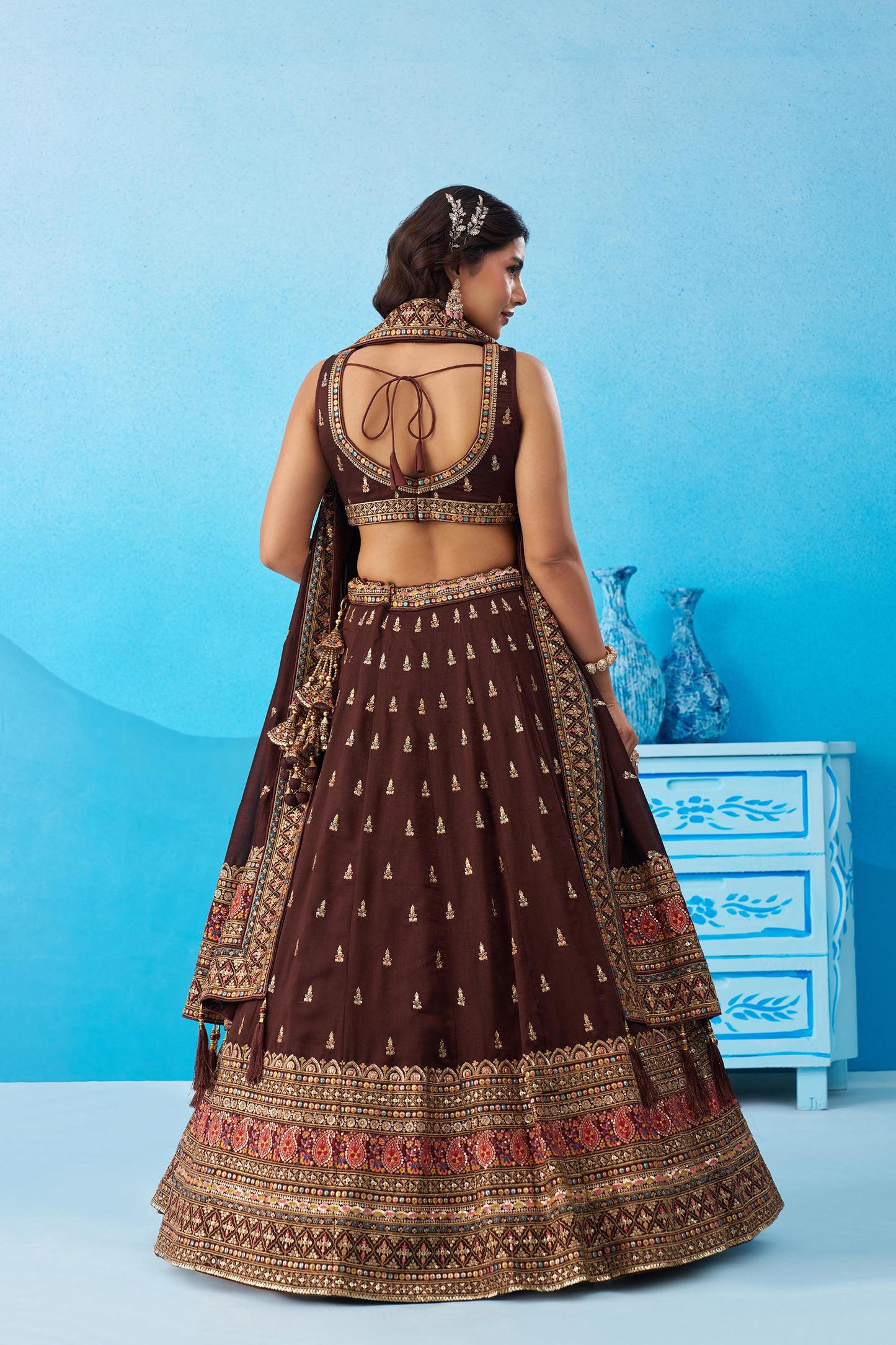 Brown Chinnon Silk Sequins, Thread & Zari Embroidered Lehenga Choli