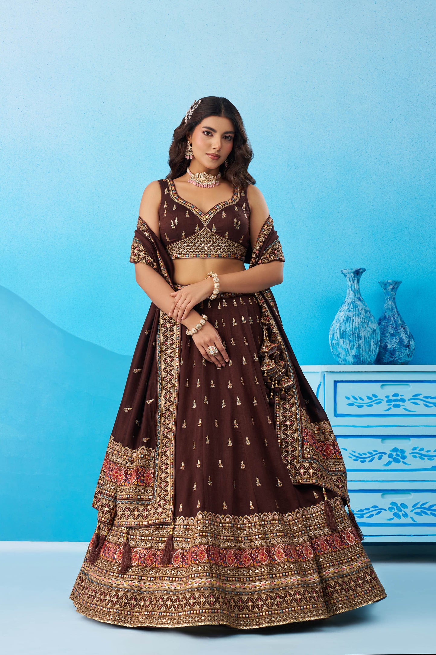 Brown Chinnon Silk Sequins, Thread & Zari Embroidered Lehenga Choli