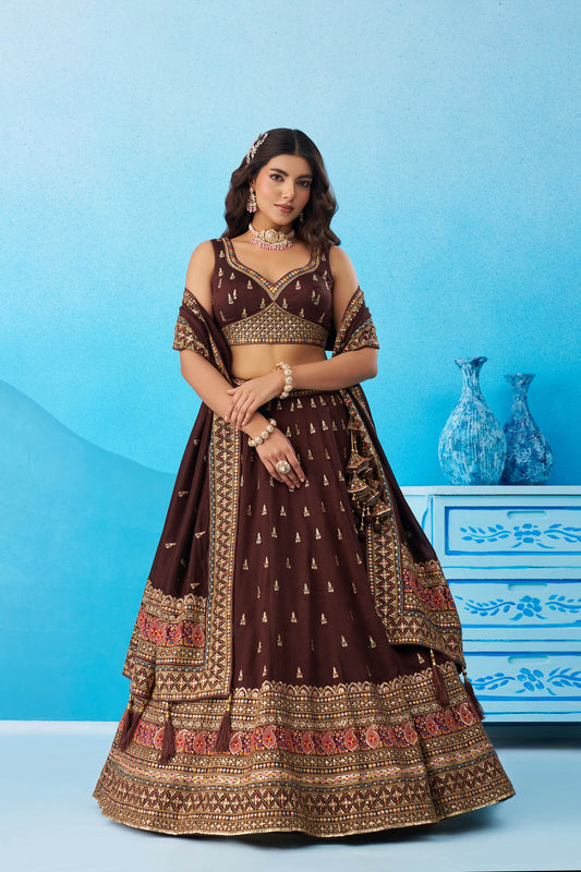 Brown Chinnon Silk Sequins, Thread & Zari Embroidered Lehenga Choli
