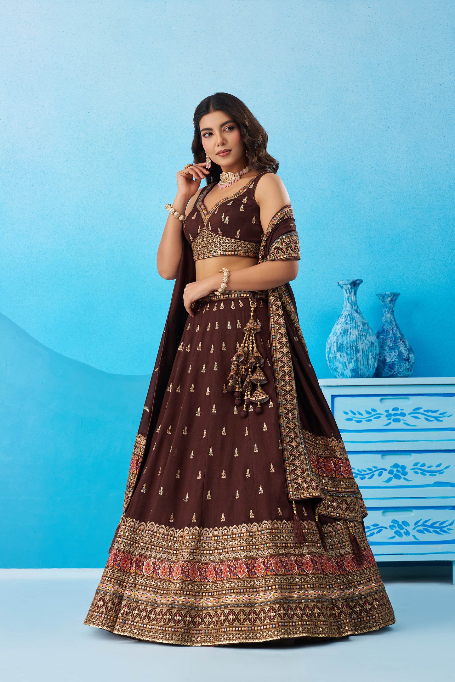 Brown Chinnon Silk Sequins, Thread & Zari Embroidered Lehenga Choli