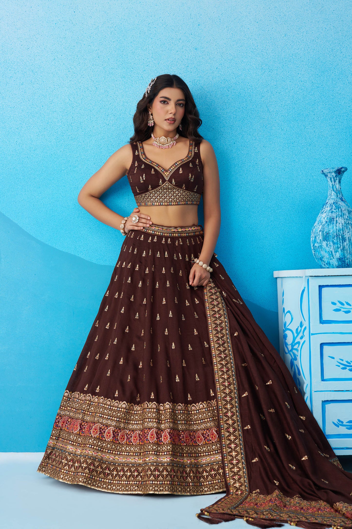 Brown Chinnon Silk Sequins, Thread & Zari Embroidered Lehenga Choli