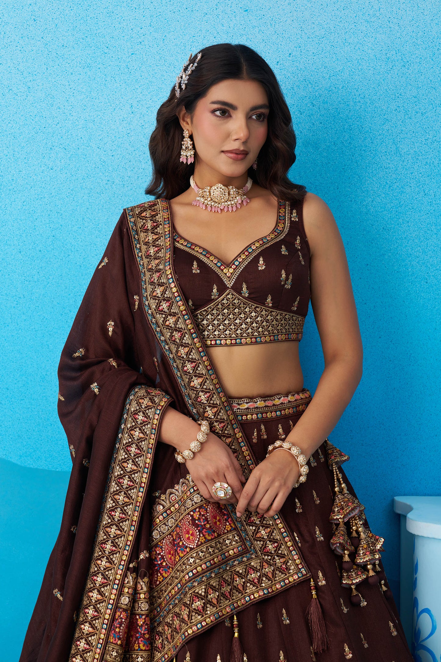 Brown Chinnon Silk Sequins, Thread & Zari Embroidered Lehenga Choli