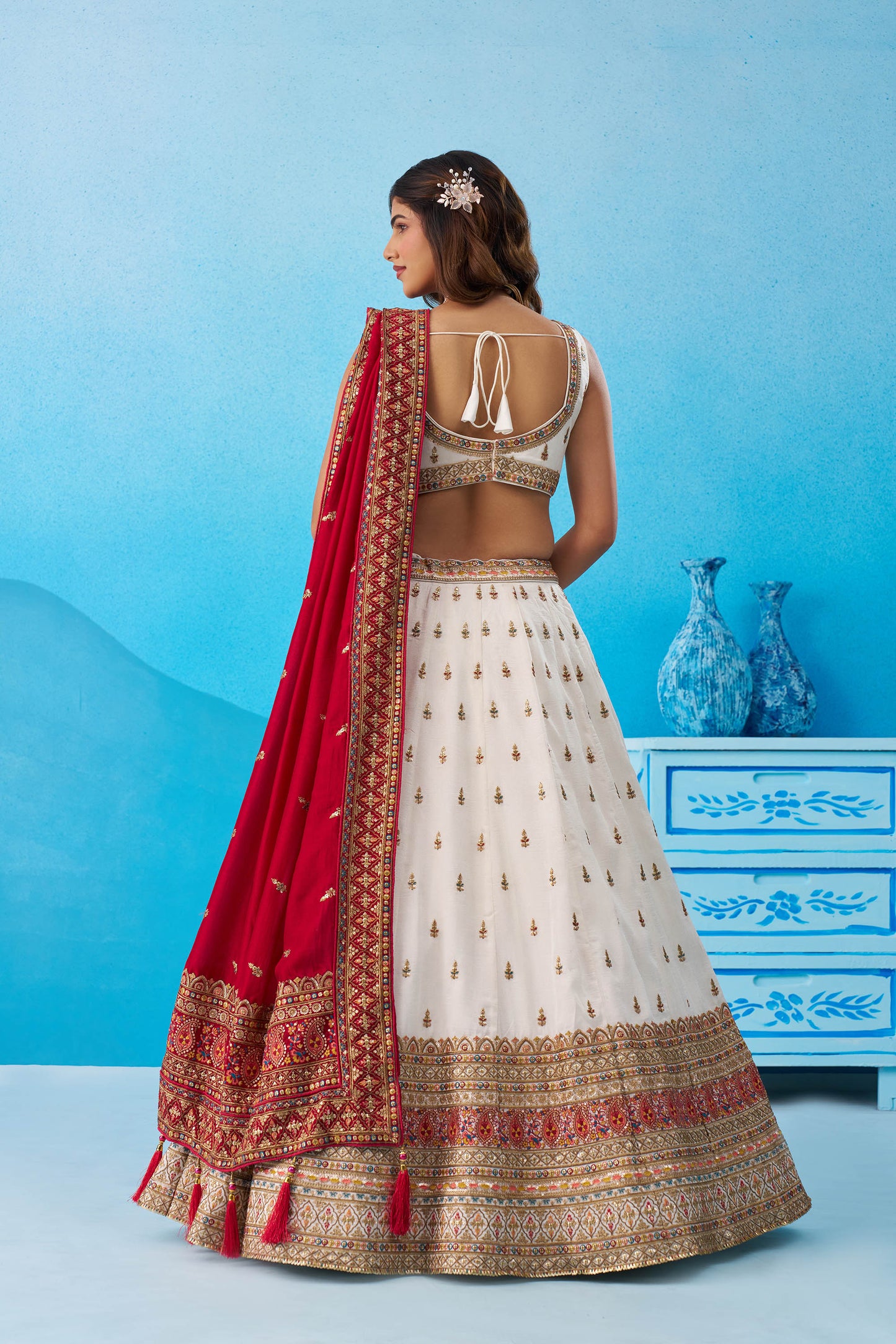 White Chinnon Silk Sequins, Thread & Zari Embroidered Lehenga Choli