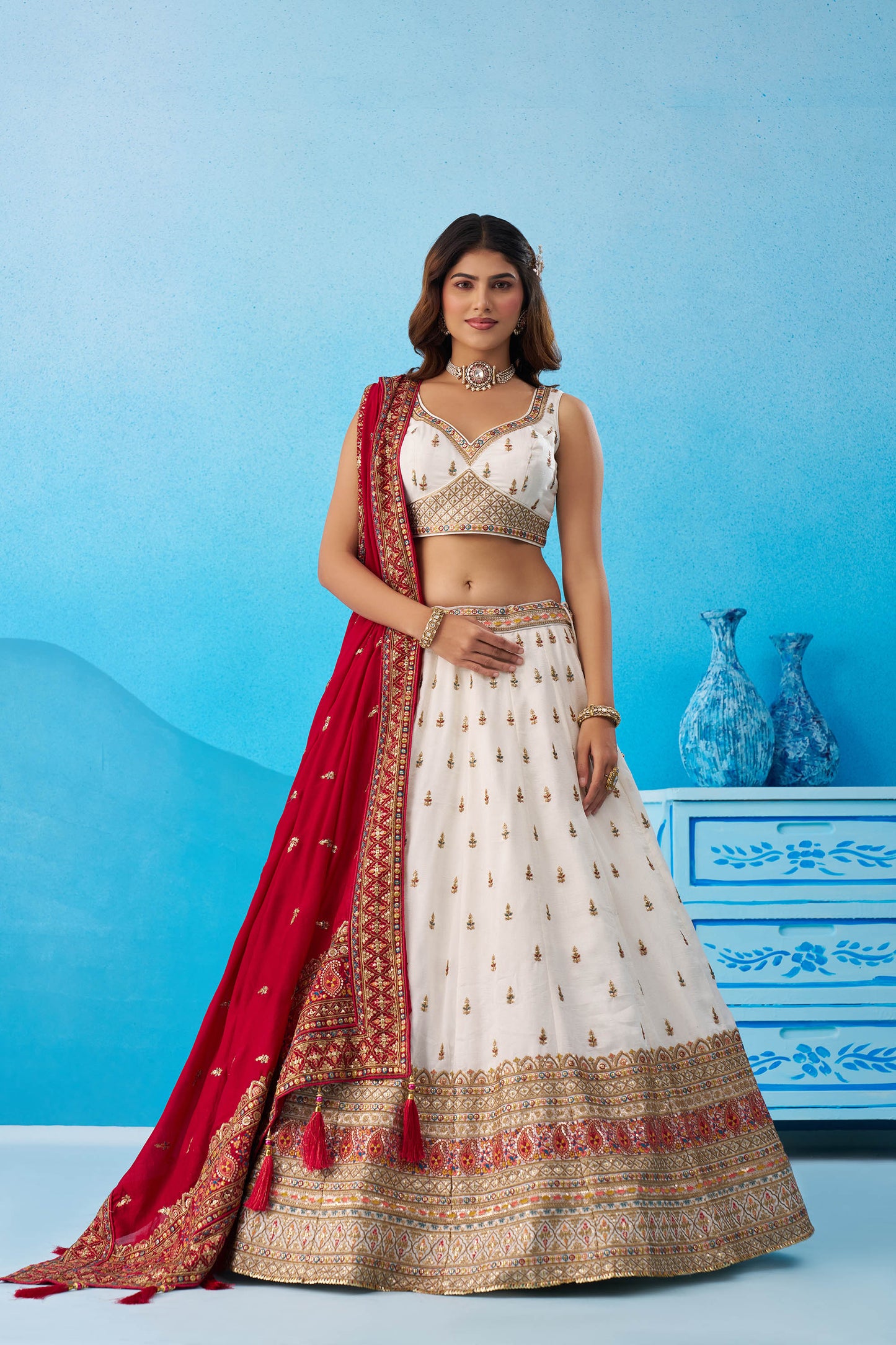 White Chinnon Silk Sequins, Thread & Zari Embroidered Lehenga Choli