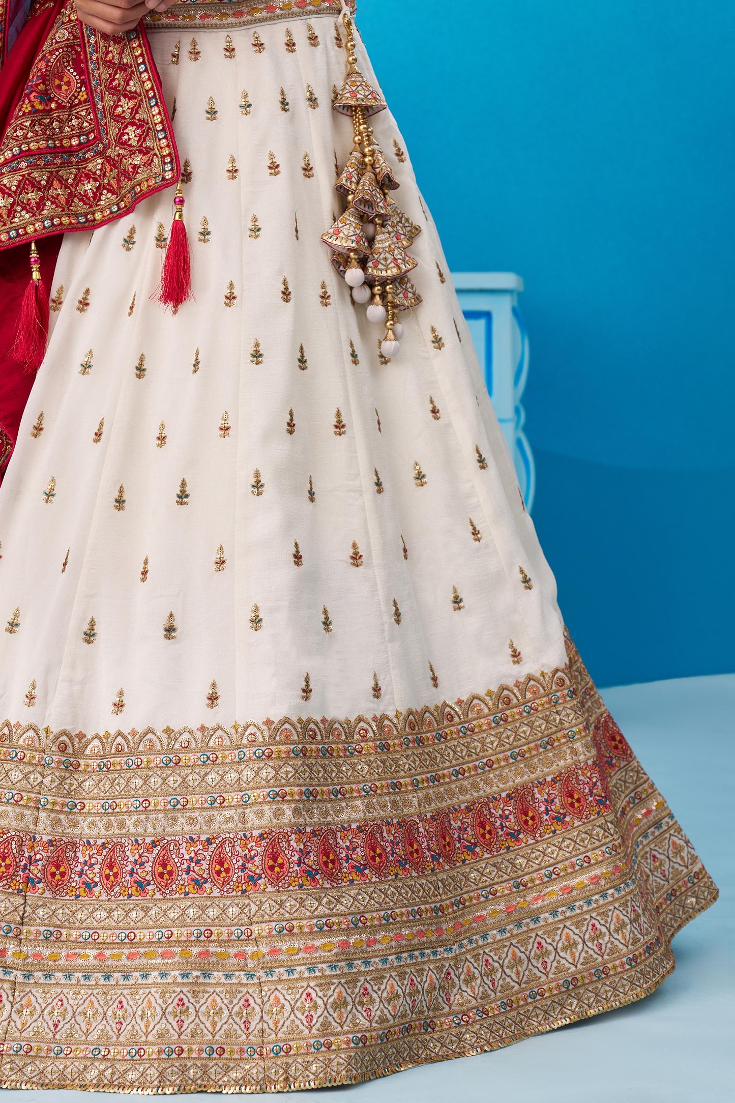 White Chinnon Silk Sequins, Thread & Zari Embroidered Lehenga Choli