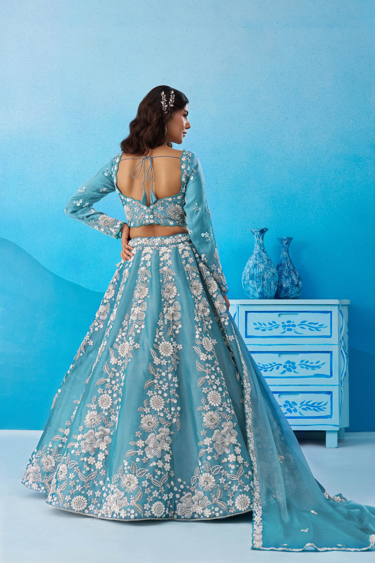 Sea Green Organza Heavy Beads & Sequins Embroidered Lehenga for Wedding