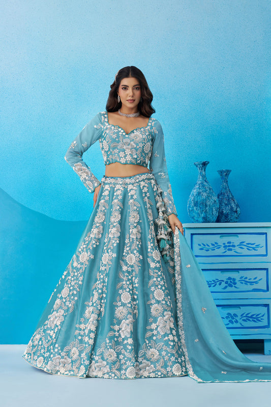 Sea Green Organza Heavy Beads & Sequins Embroidered Lehenga for Wedding