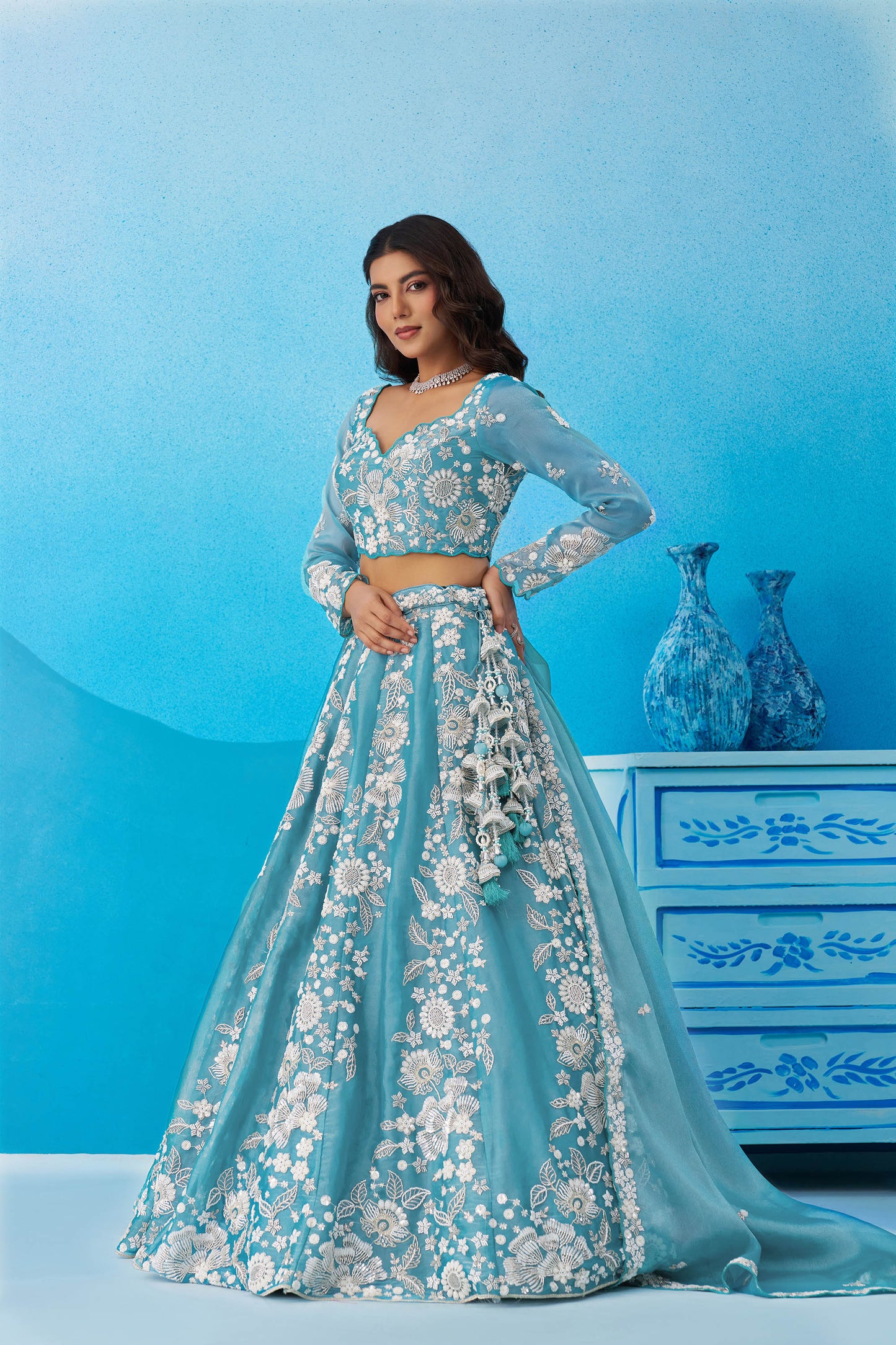Sea Green Organza Heavy Beads & Sequins Embroidered Lehenga for Wedding