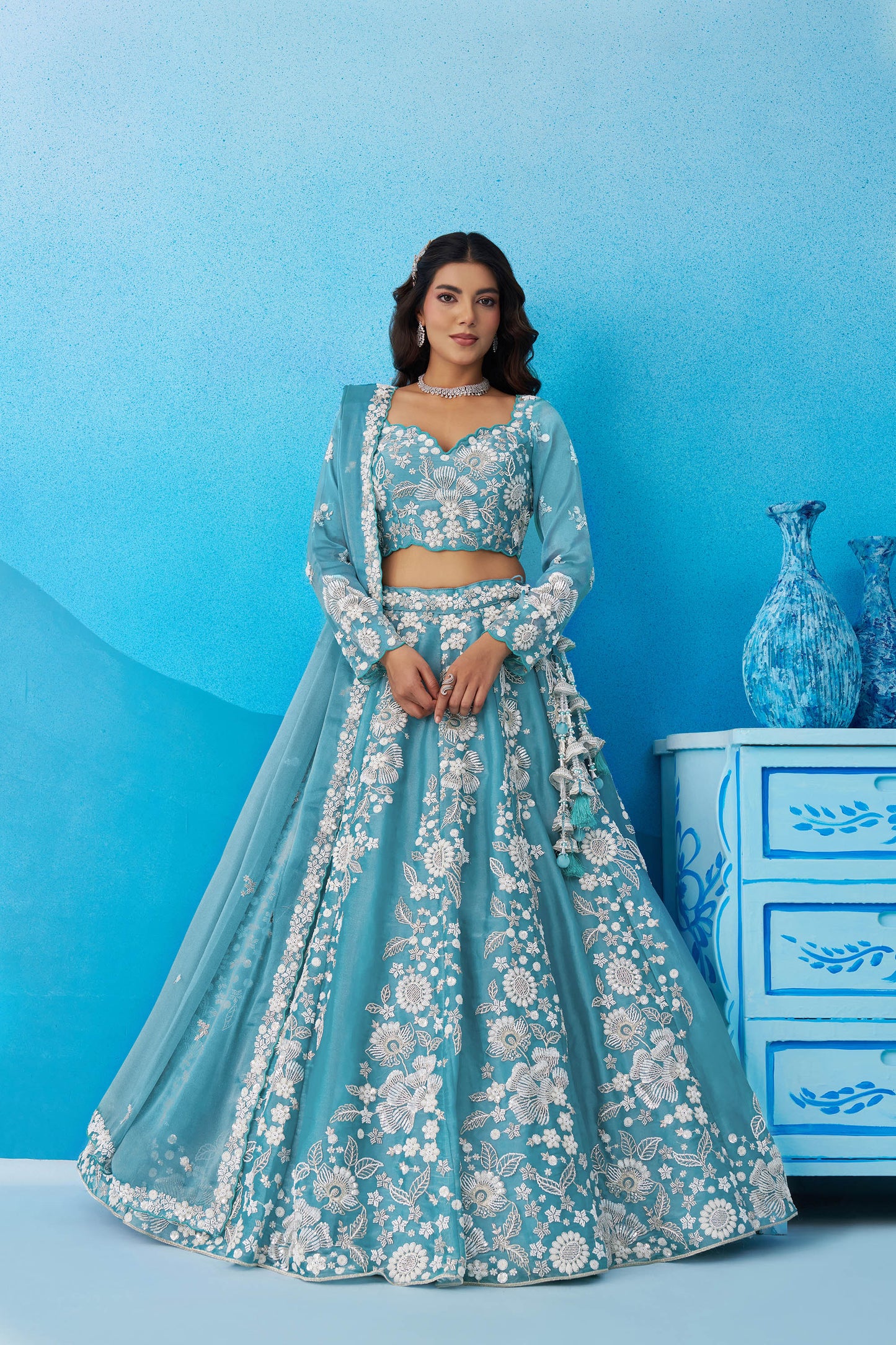 Sea Green Organza Heavy Beads & Sequins Embroidered Lehenga for Wedding