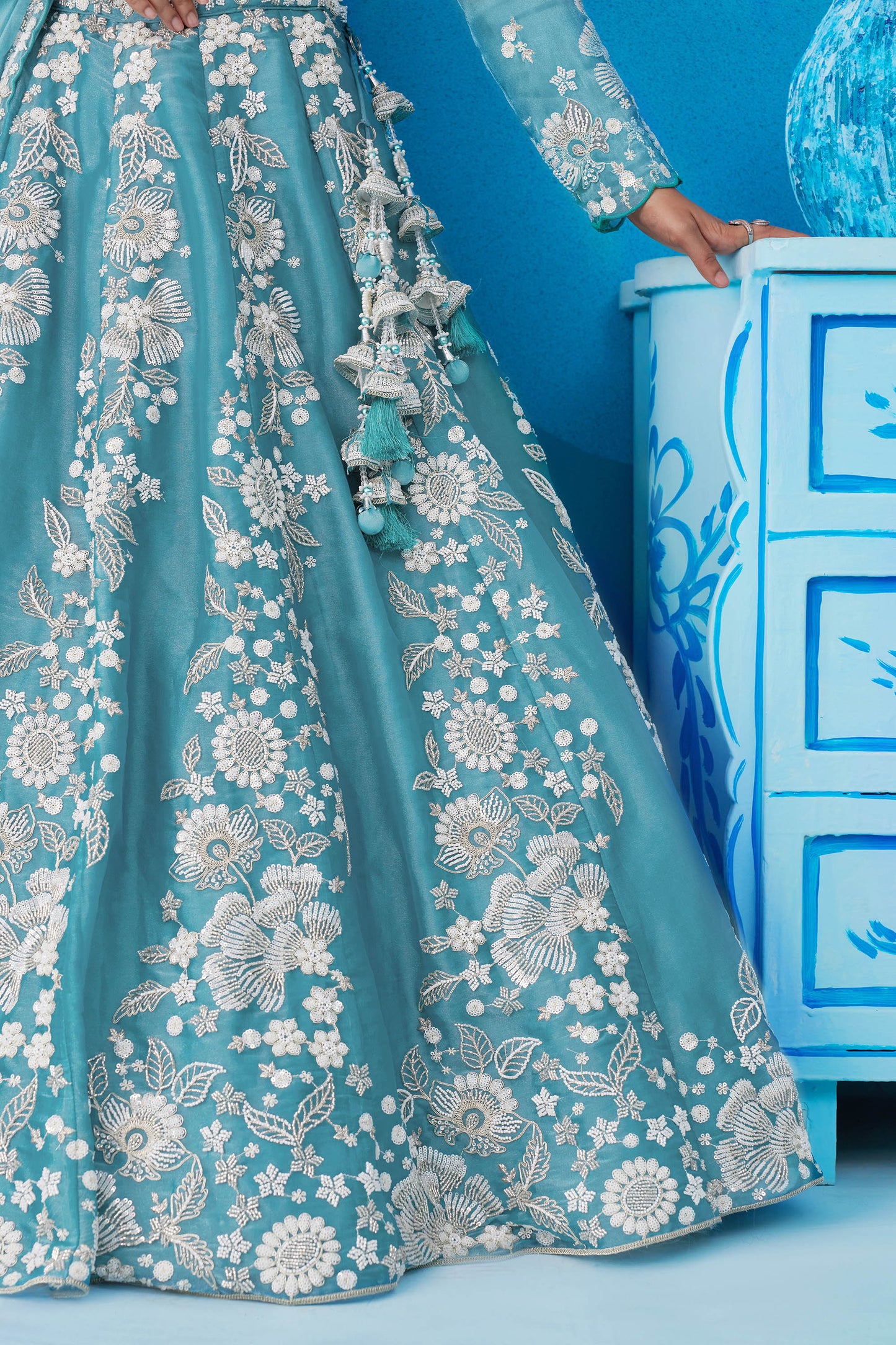 Sea Green Organza Heavy Beads & Sequins Embroidered Lehenga for Wedding