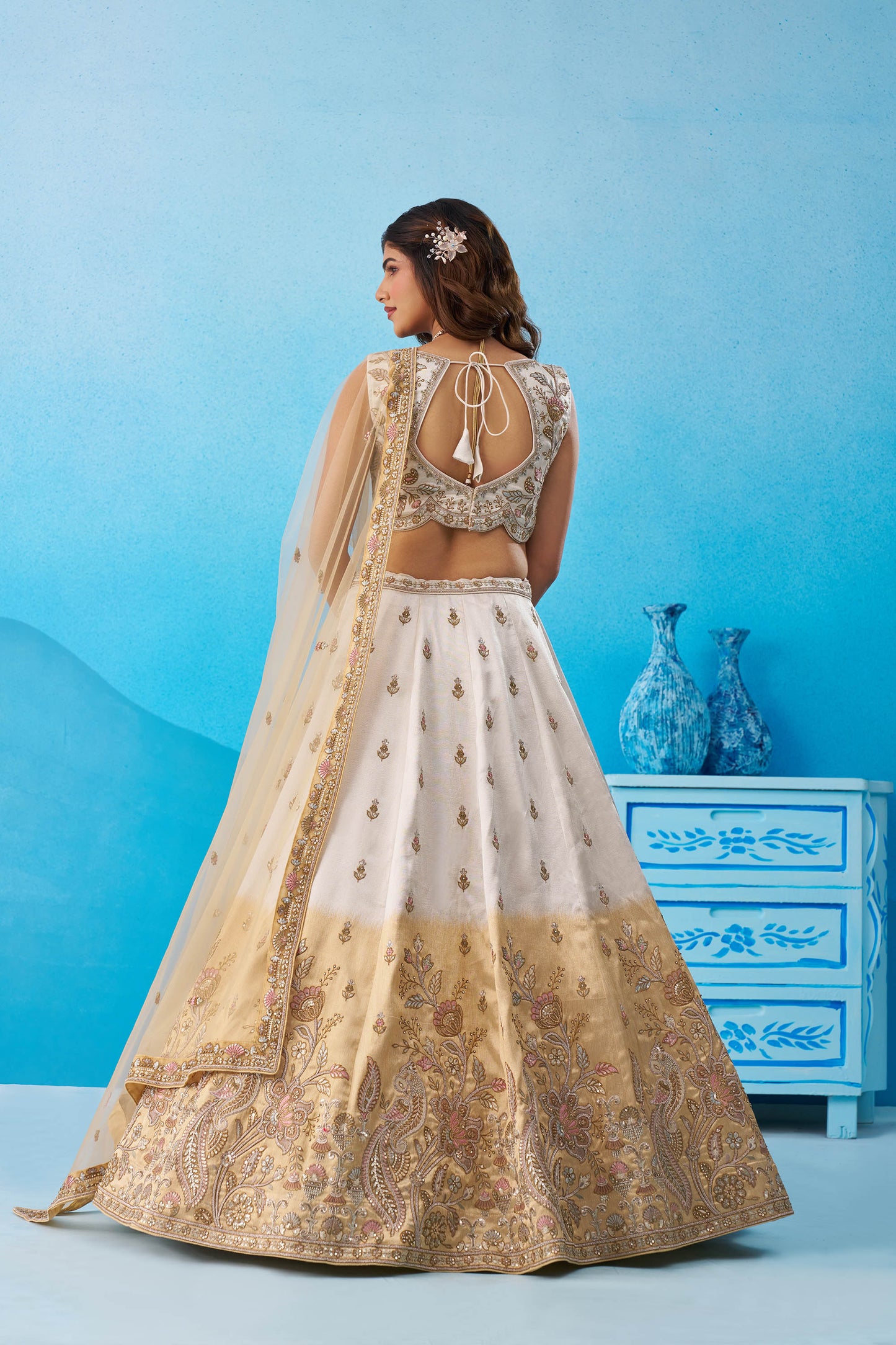 Ombre Beige and Cream Tissue Beads & Sequins Embroidered Lehenga choli