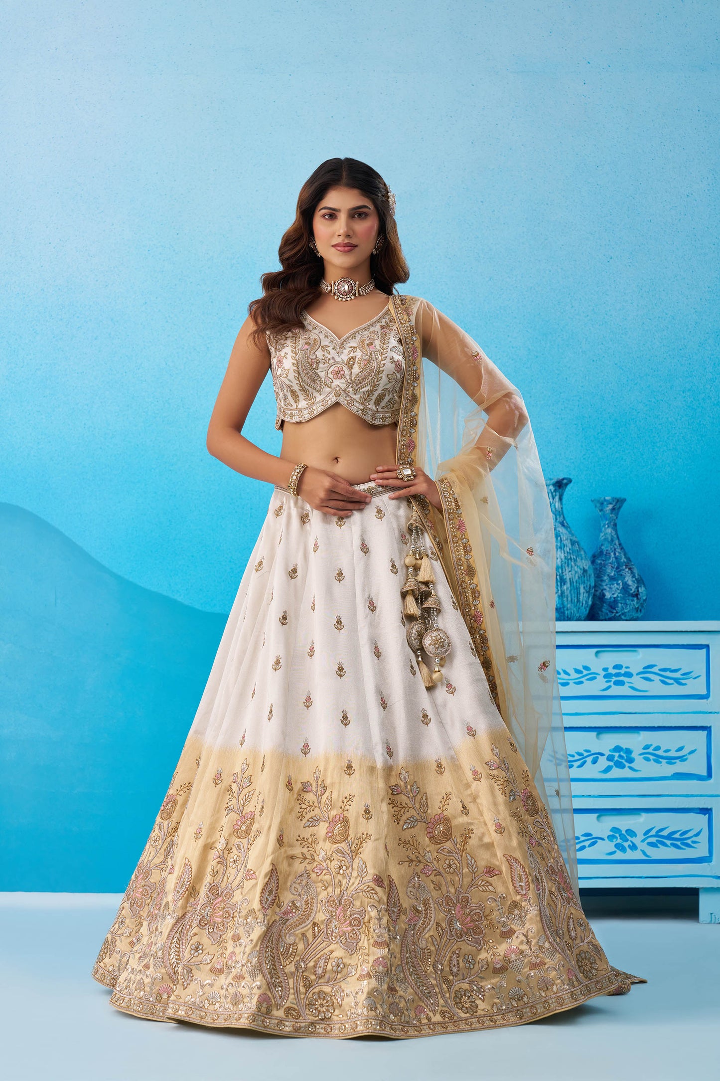 Ombre Beige and Cream Tissue Beads & Sequins Embroidered Lehenga choli