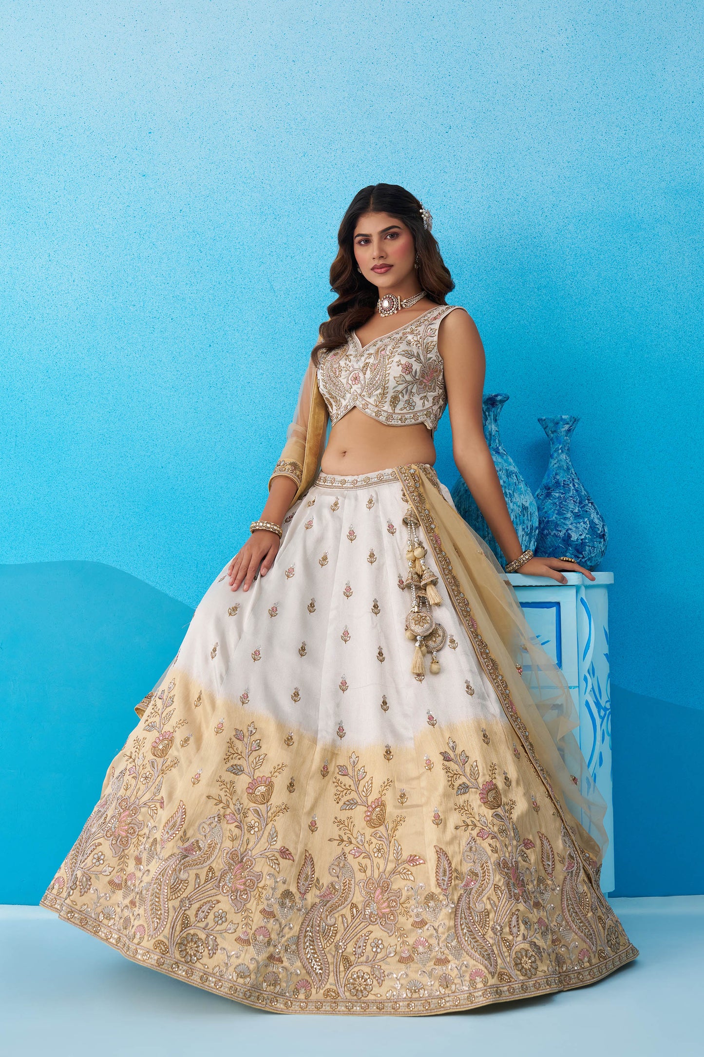 Ombre Beige and Cream Tissue Beads & Sequins Embroidered Lehenga choli