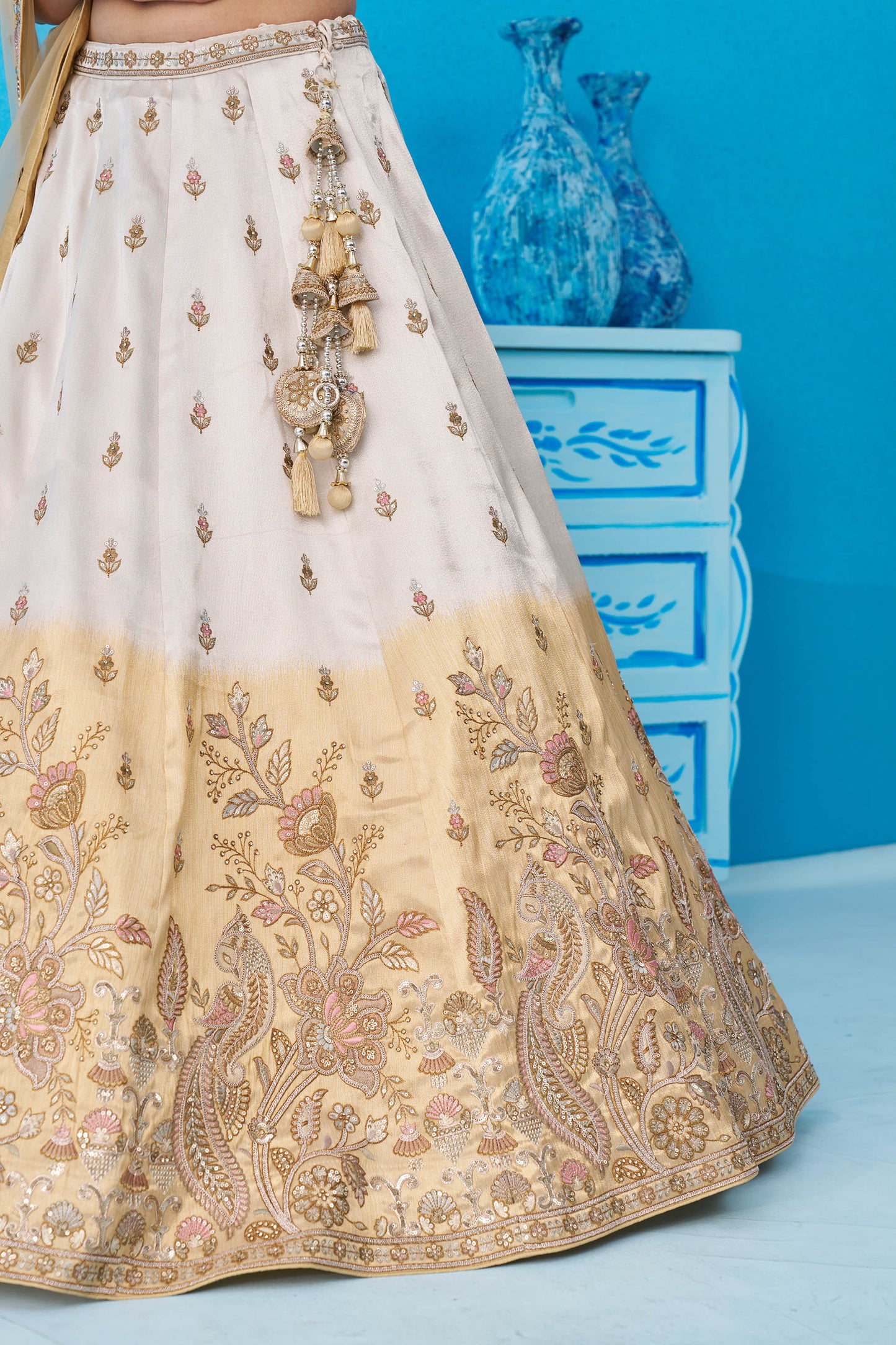 Ombre Beige and Cream Tissue Beads & Sequins Embroidered Lehenga choli