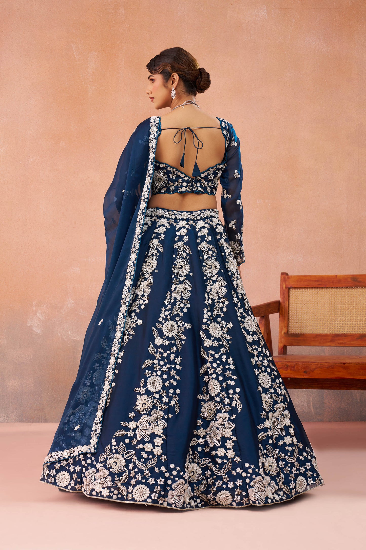 Blue Organza Heavy Beads & Sequins Embroidered Bridesmaid Lehenga