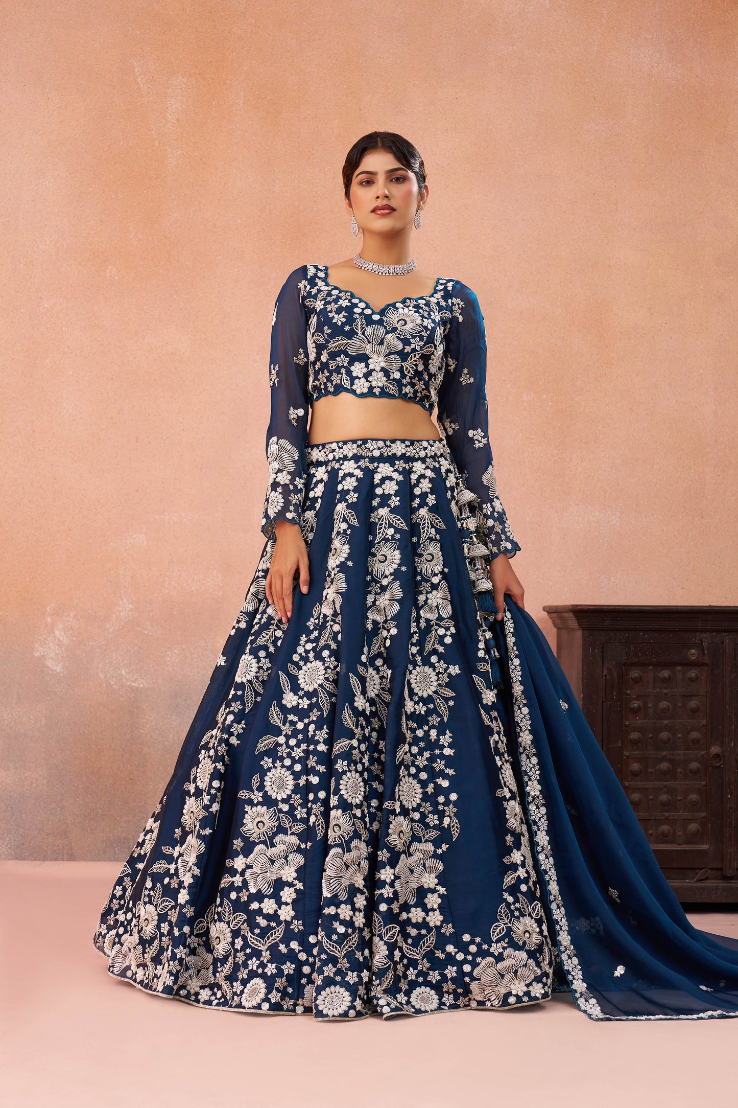 Blue Organza Heavy Beads & Sequins Embroidered Bridesmaid Lehenga