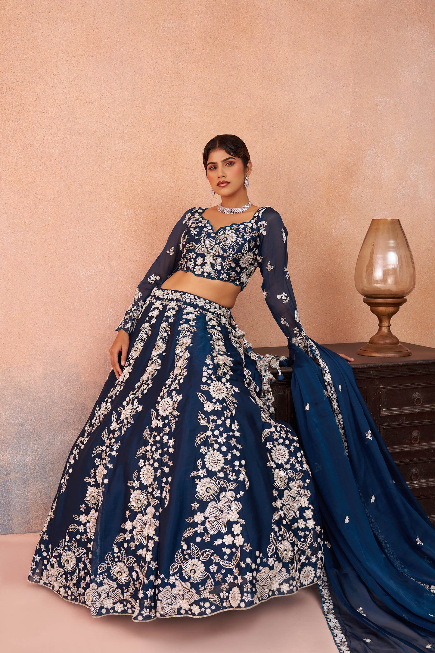 Blue Organza Heavy Beads & Sequins Embroidered Bridesmaid Lehenga