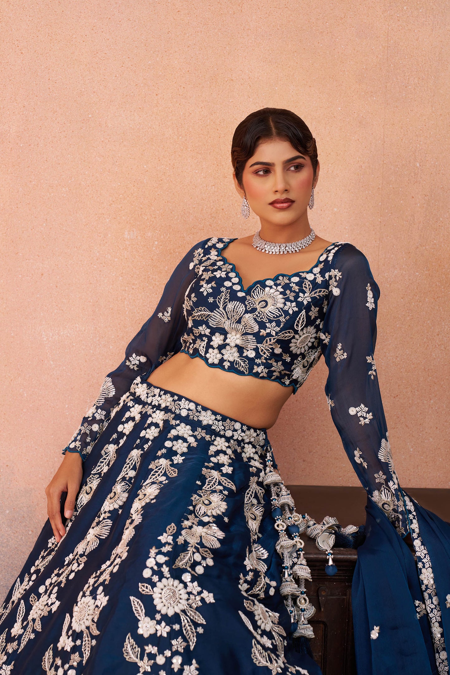 Blue Organza Heavy Beads & Sequins Embroidered Bridesmaid Lehenga