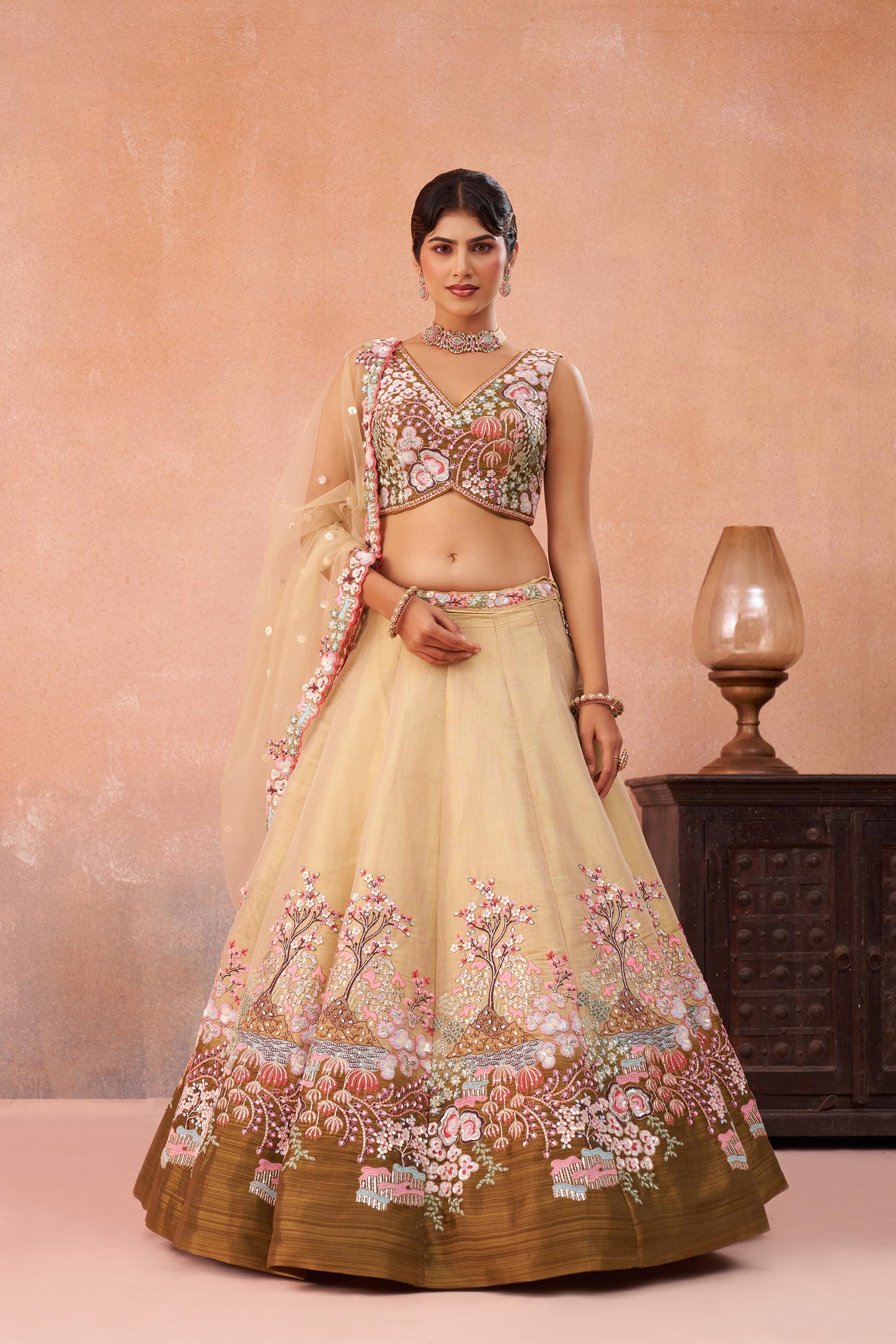 Ombre Beige and Olive Net Sequins Work Lehenga Choli for Engagement