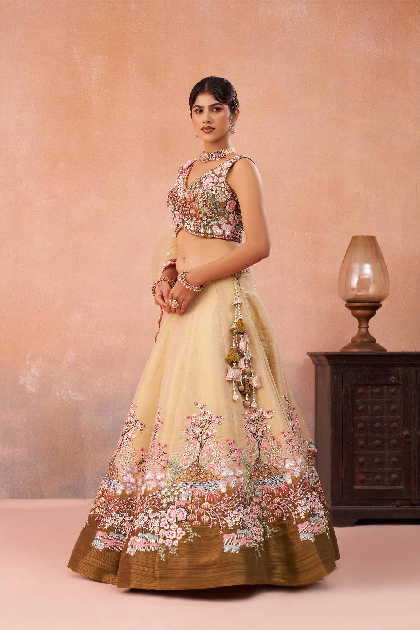 Ombre Beige and Olive Net Sequins Work Lehenga Choli for Engagement