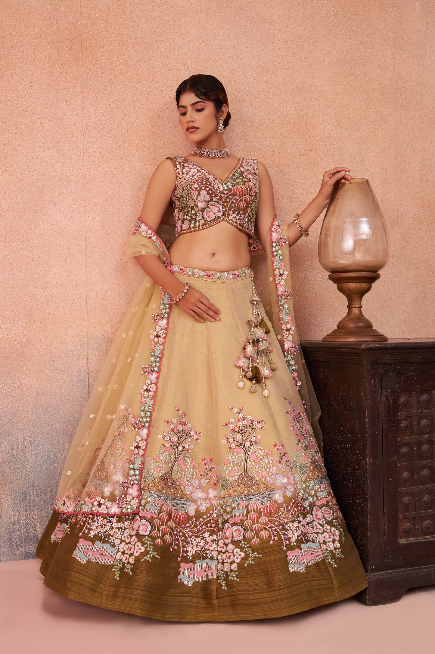 Ombre Beige and Olive Net Sequins Work Lehenga Choli for Engagement
