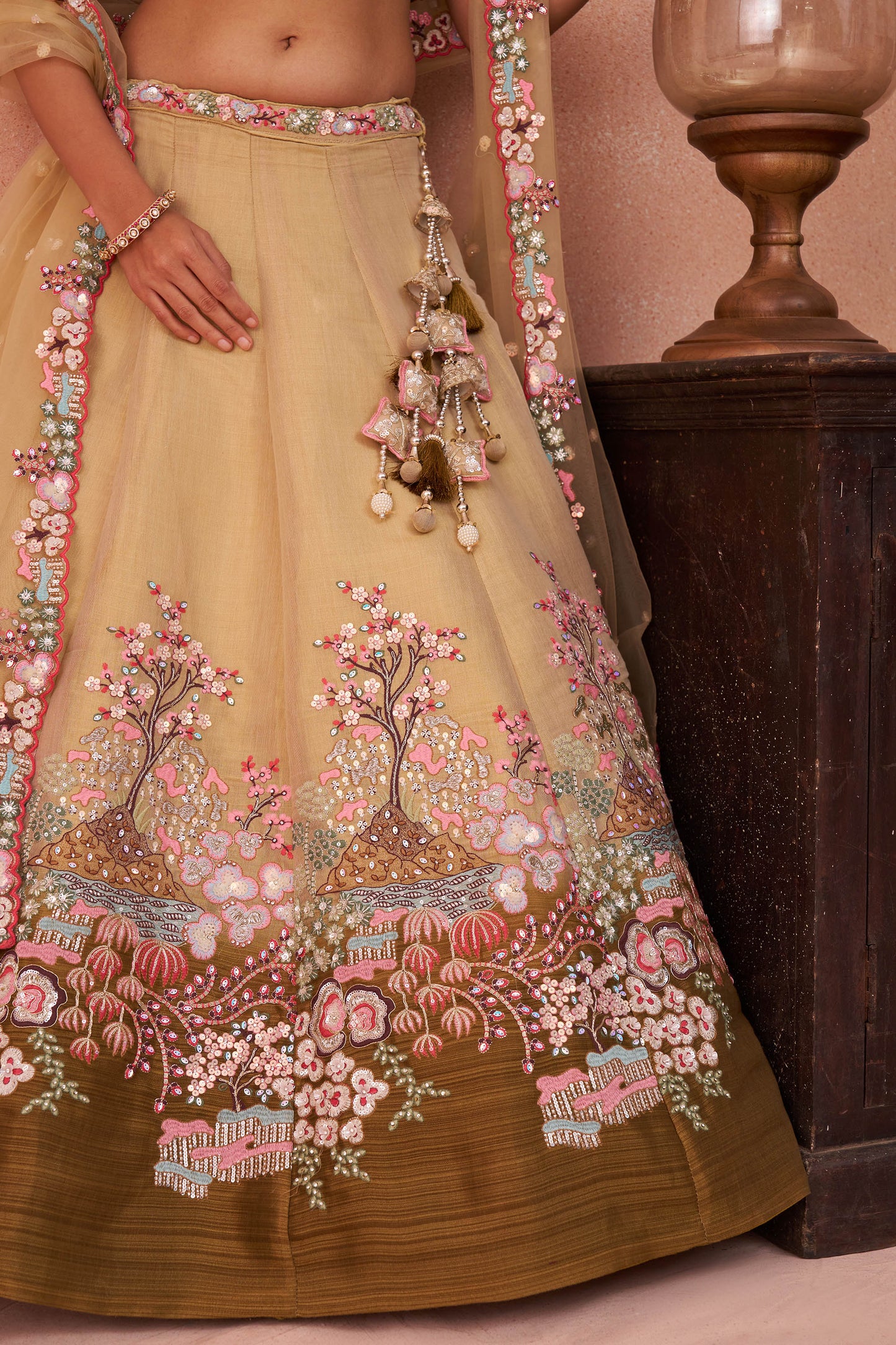 Ombre Beige and Olive Net Sequins Work Lehenga Choli for Engagement