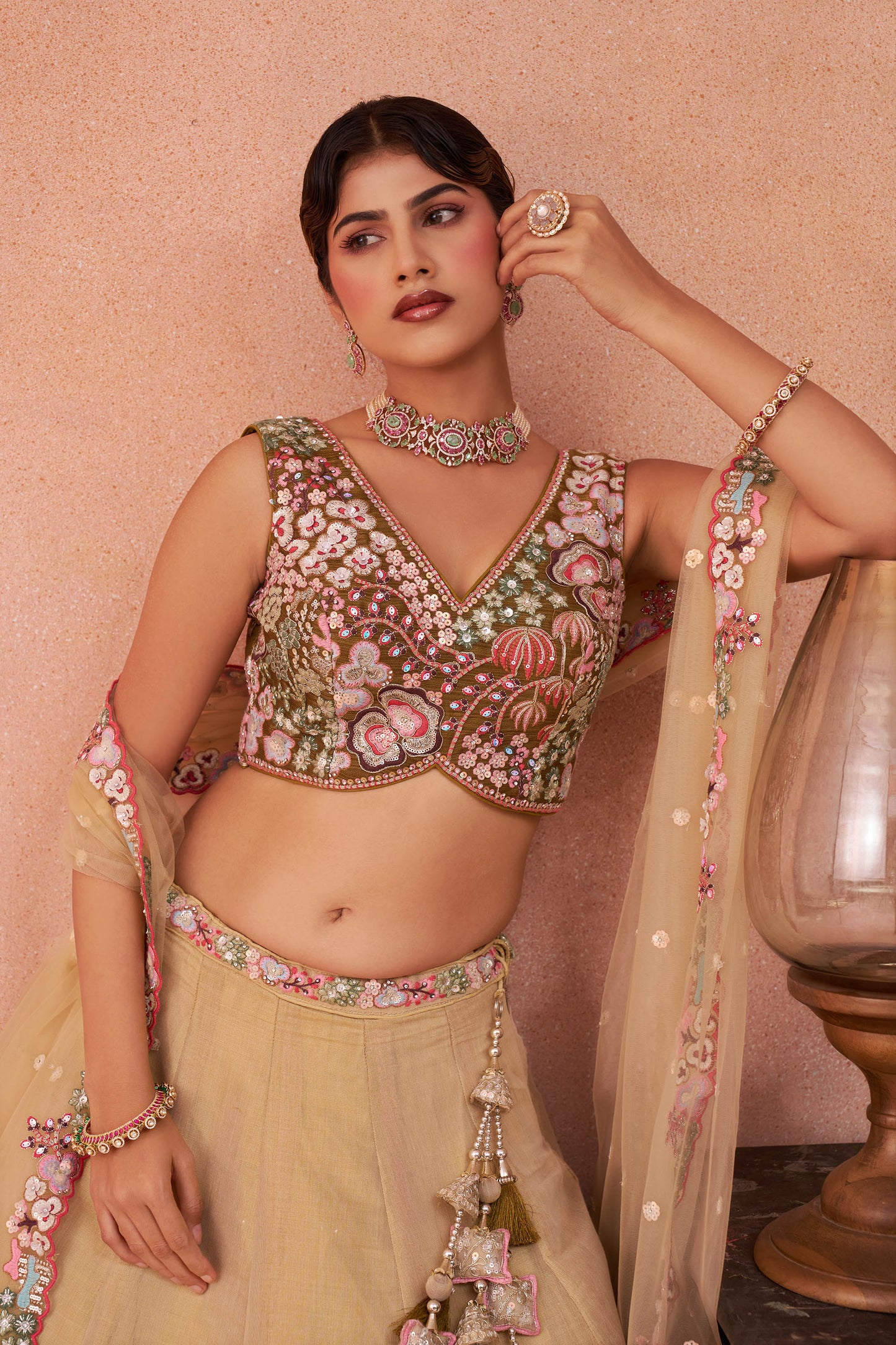 Ombre Beige and Olive Net Sequins Work Lehenga Choli for Engagement