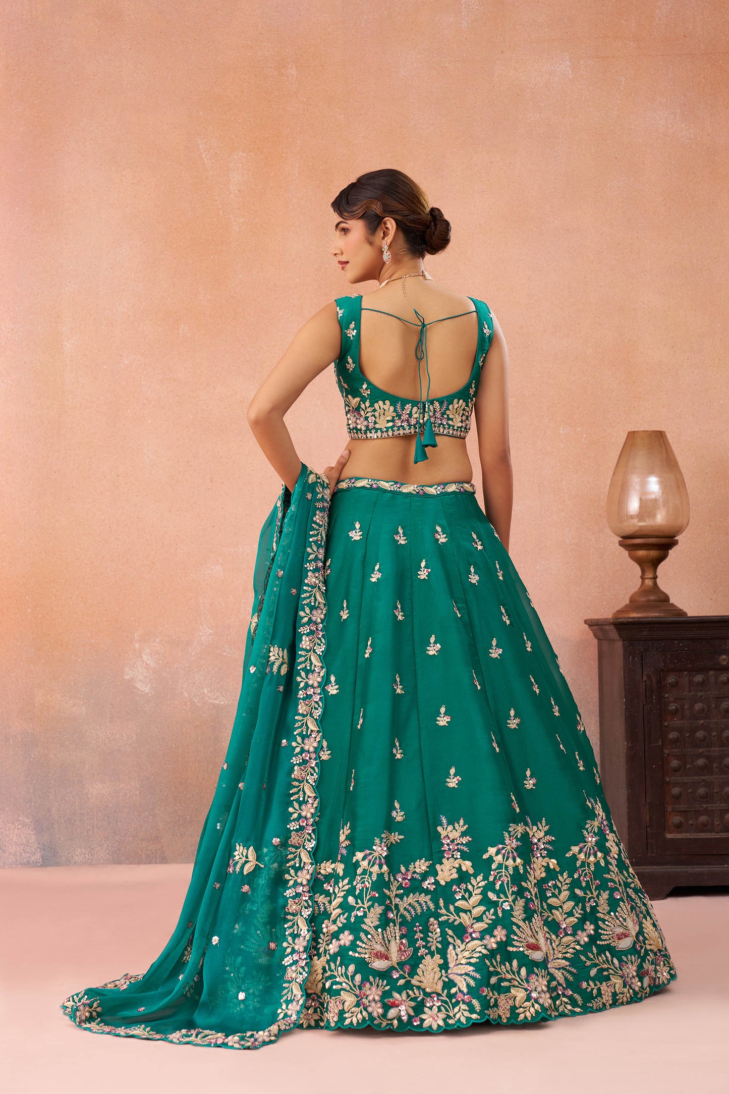 Rama Green Tissue Sequinned with Zari Embroidered Lehenga Choli