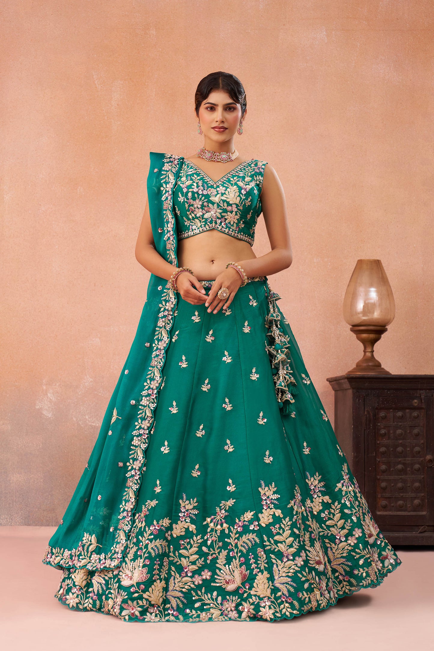 Rama Green Tissue Sequinned with Zari Embroidered Lehenga Choli