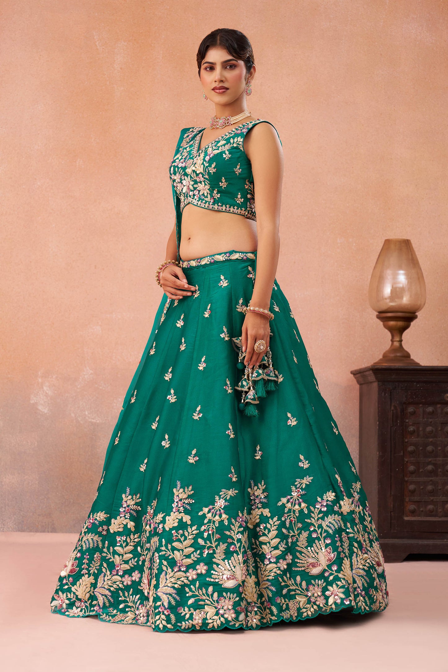 Rama Green Tissue Sequinned with Zari Embroidered Lehenga Choli