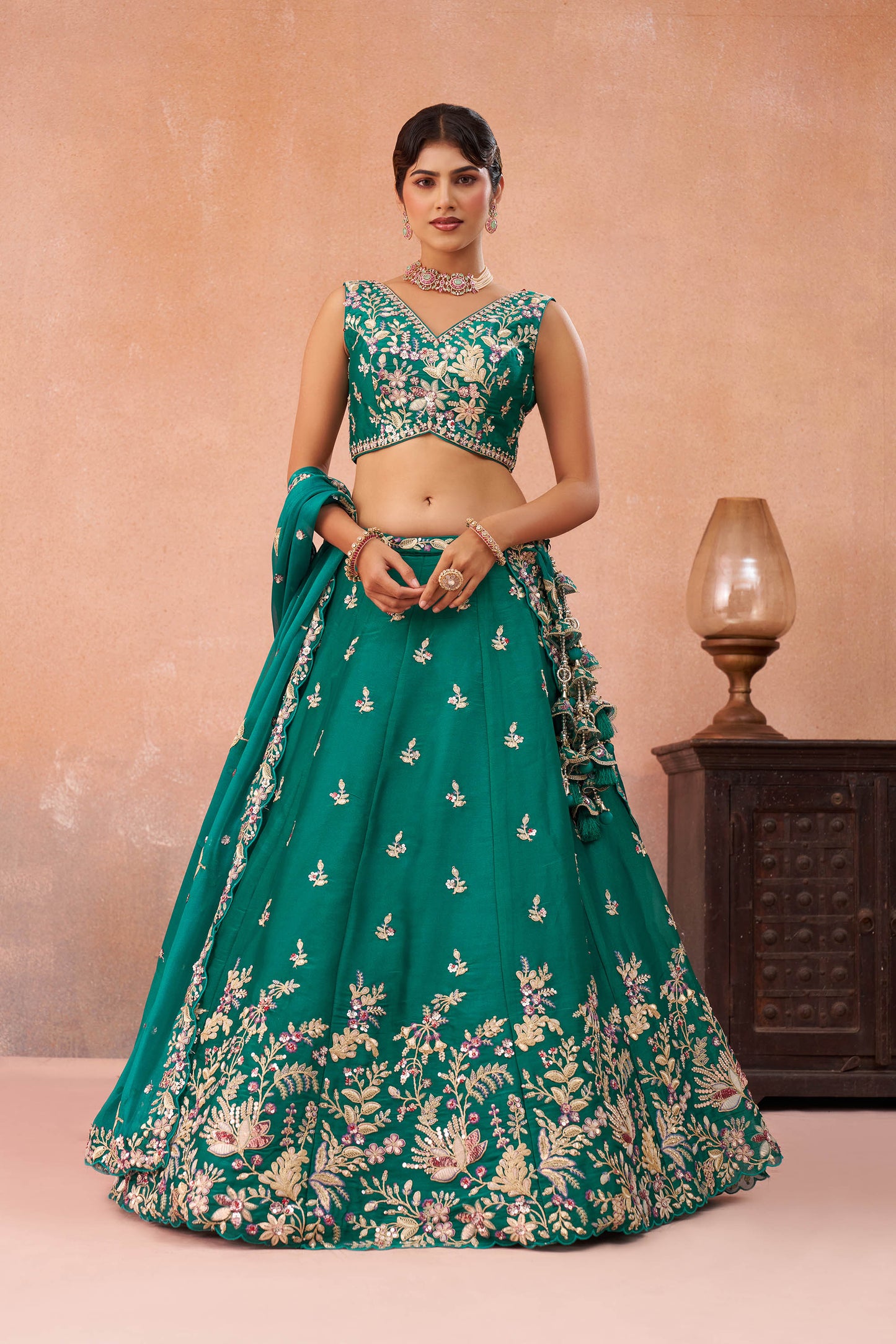 Rama Green Tissue Sequinned with Zari Embroidered Lehenga Choli