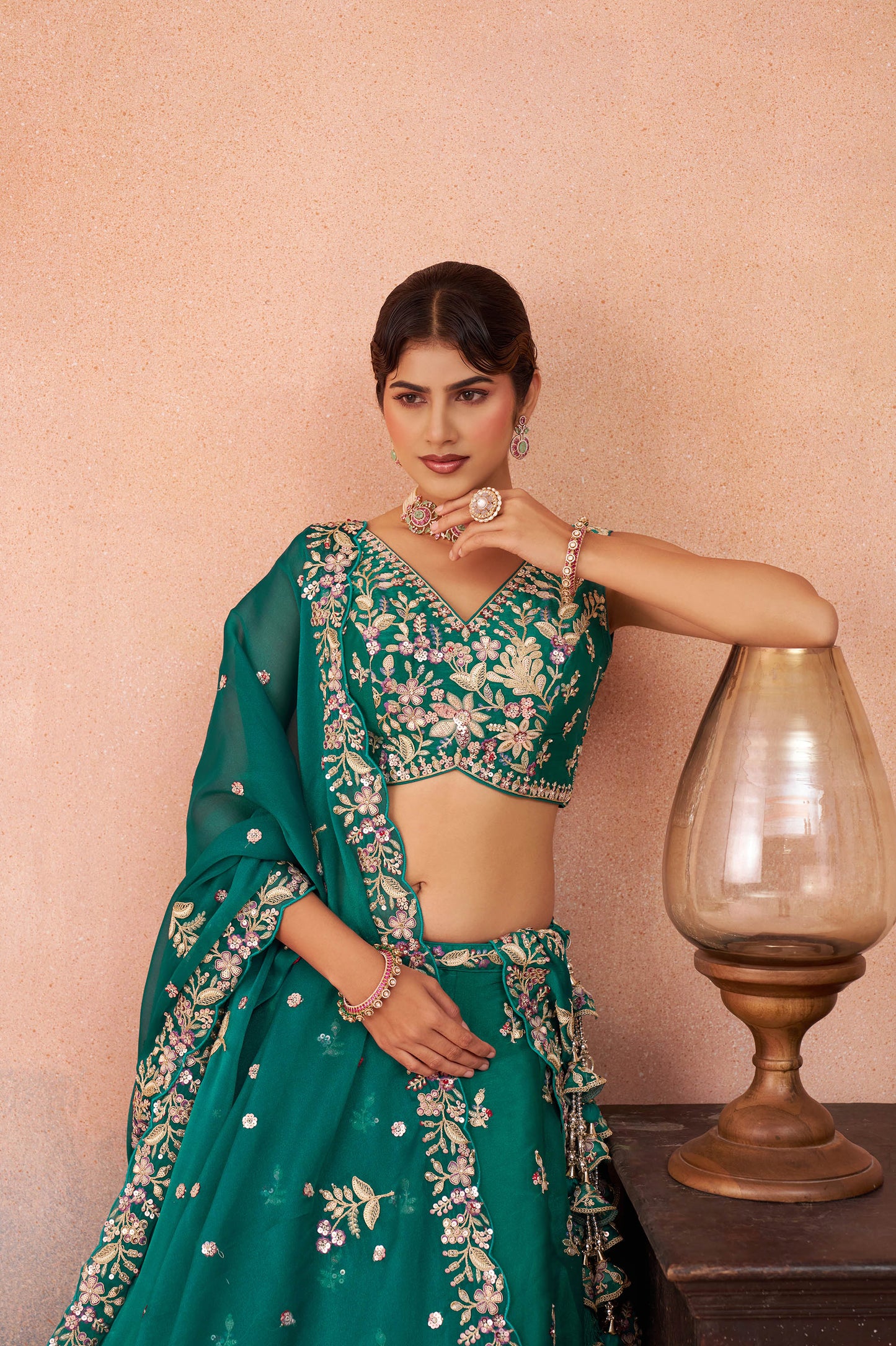 Rama Green Tissue Sequinned with Zari Embroidered Lehenga Choli
