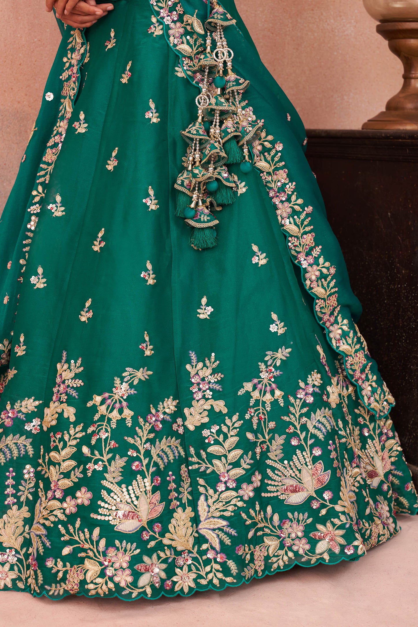 Rama Green Tissue Sequinned with Zari Embroidered Lehenga Choli