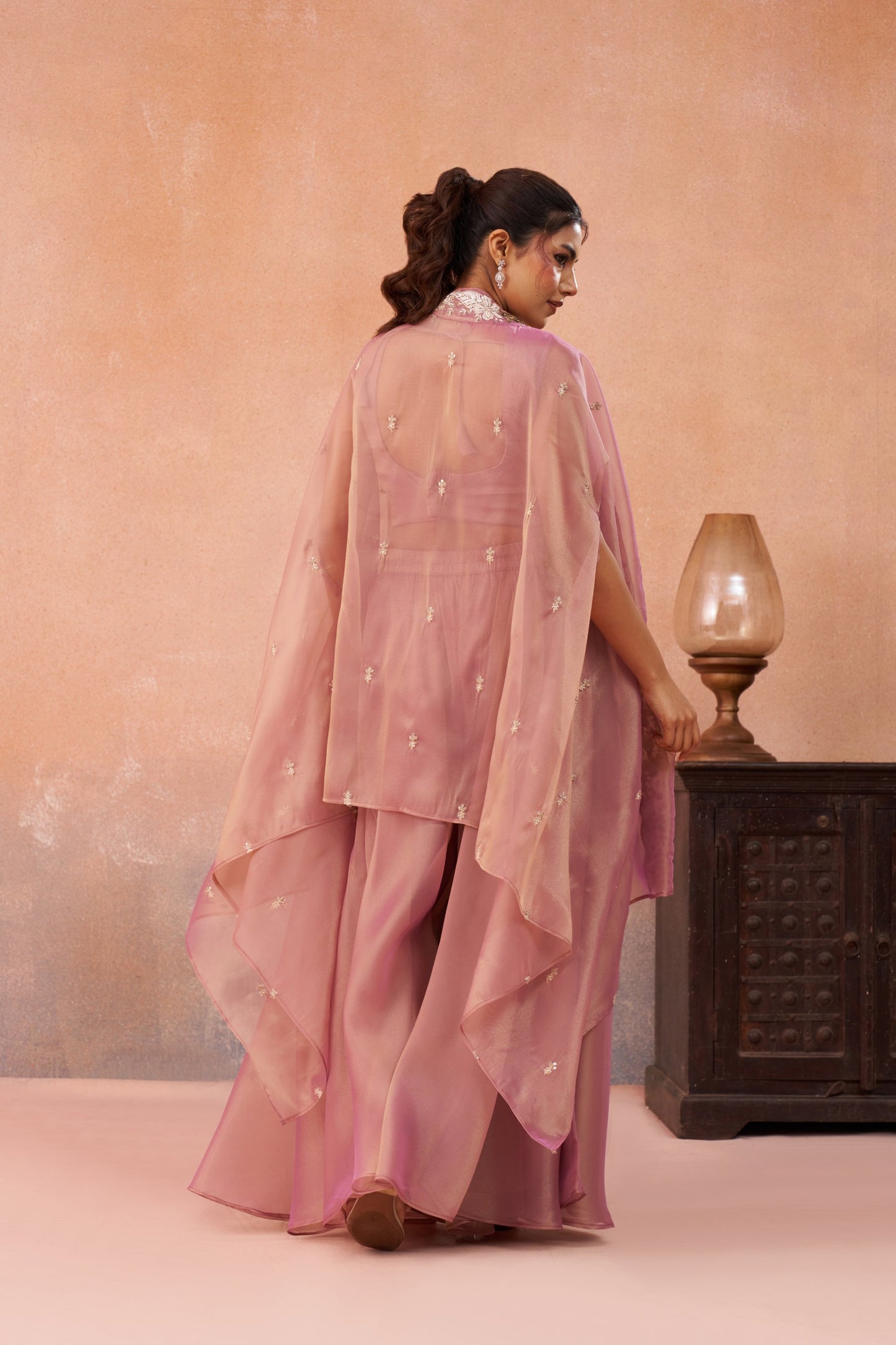 Pink Tissue Beads Embroidered Crop Top with Flared Palazzo Set for Sangeet